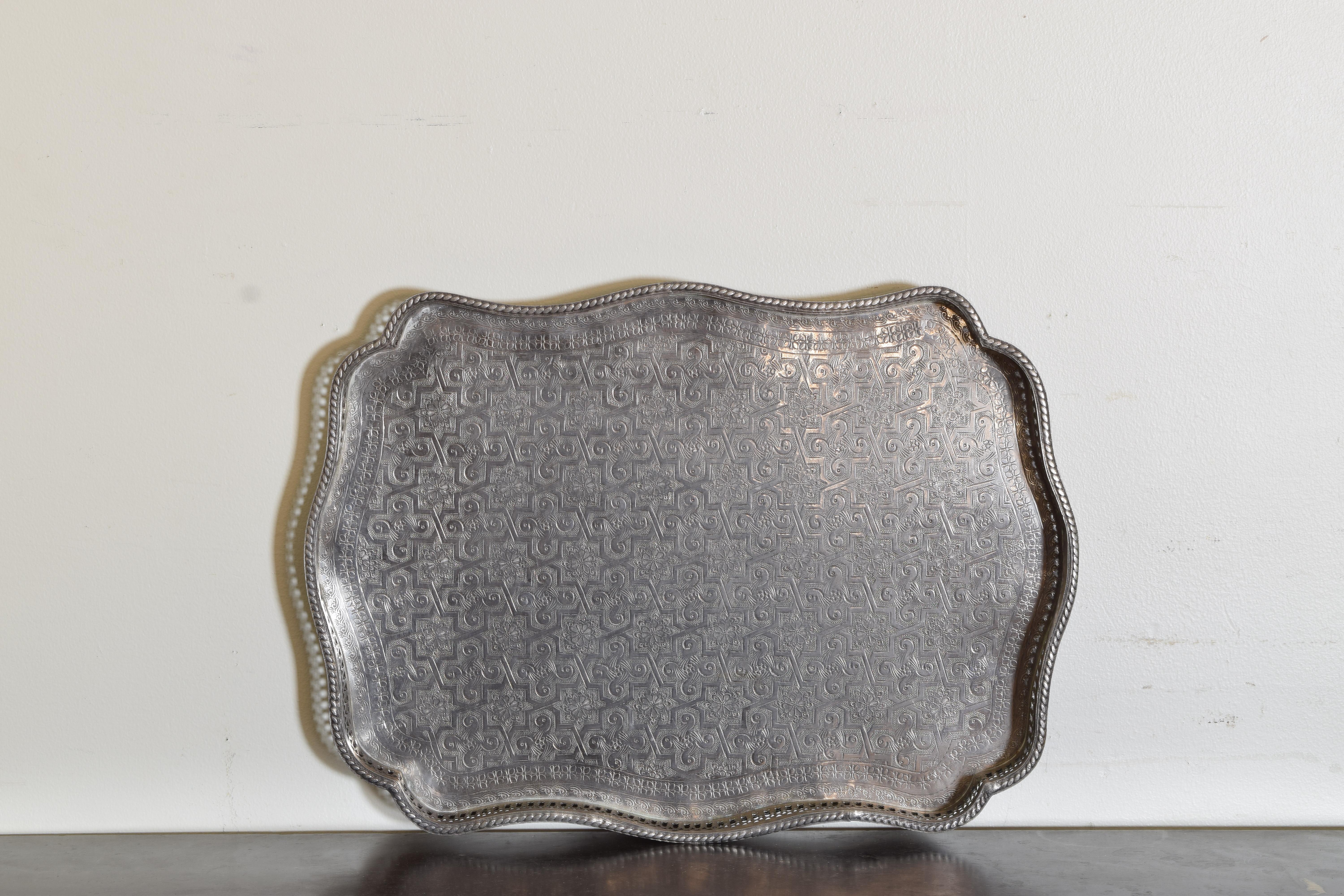 French Moroccan Rococo Style Engraved Silver Plate Serving Tray, Pierced Gallery ca1900