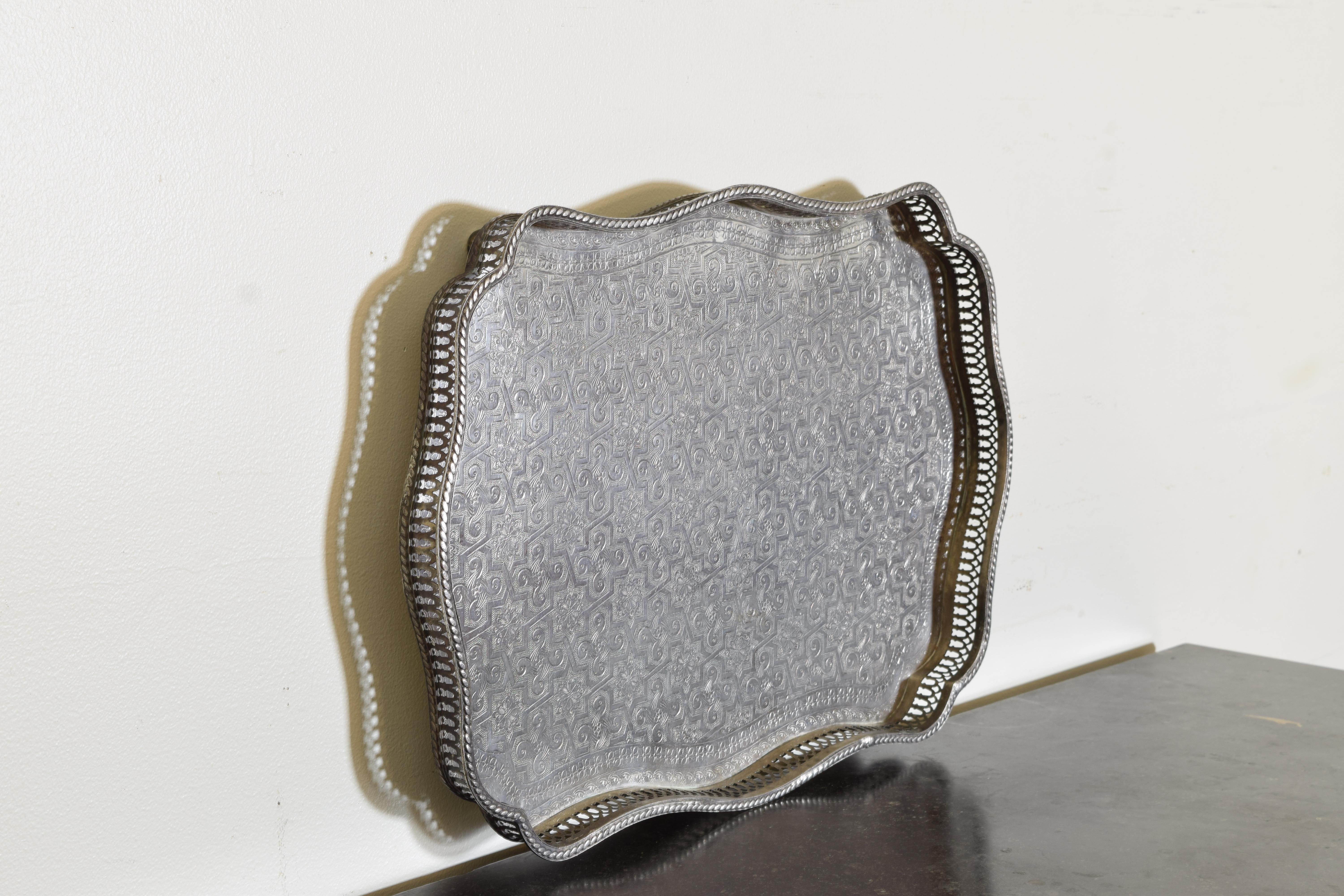 Moroccan Rococo Style Engraved Silver Plate Serving Tray, Pierced Gallery ca1900 In Good Condition In Atlanta, GA