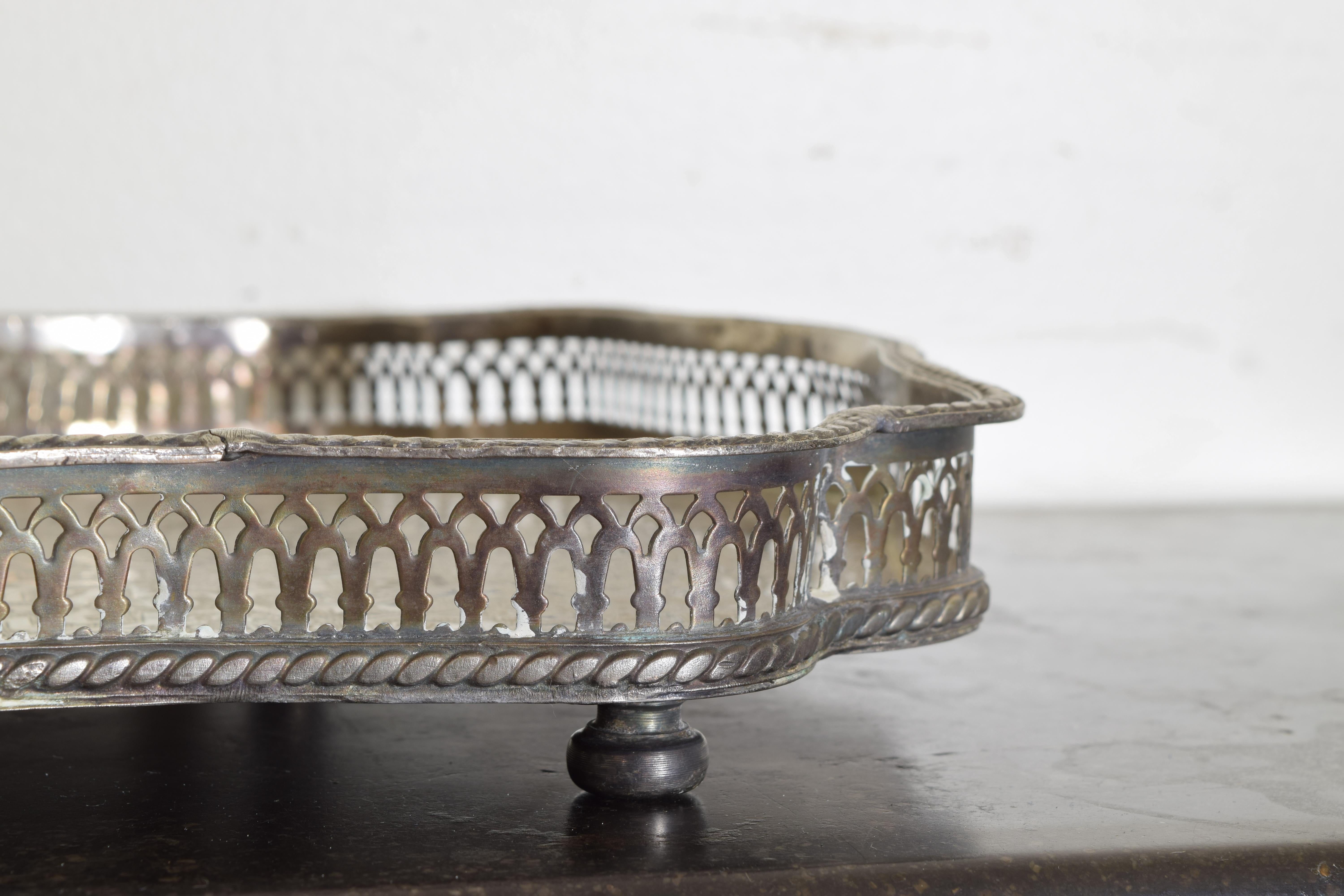 Moroccan Rococo Style Engraved Silver Plate Serving Tray, Pierced Gallery ca1900 1