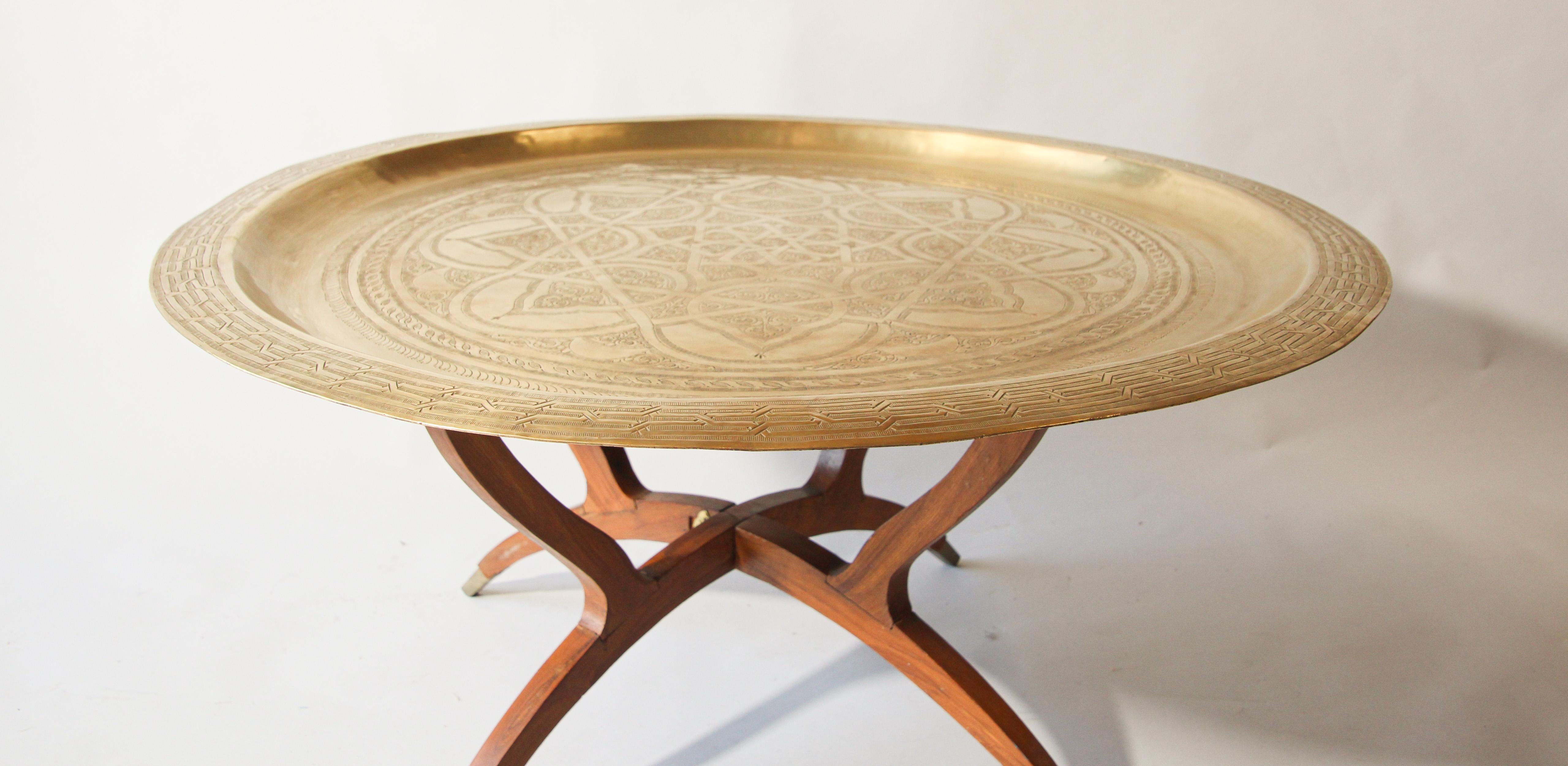 Moroccan Round Brass Tray Table on Folding Stand 1