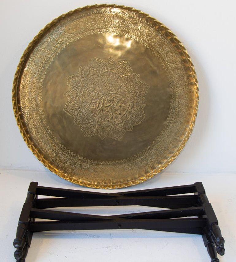 Moroccan Round Brass Tray Table on Folding Stand 5