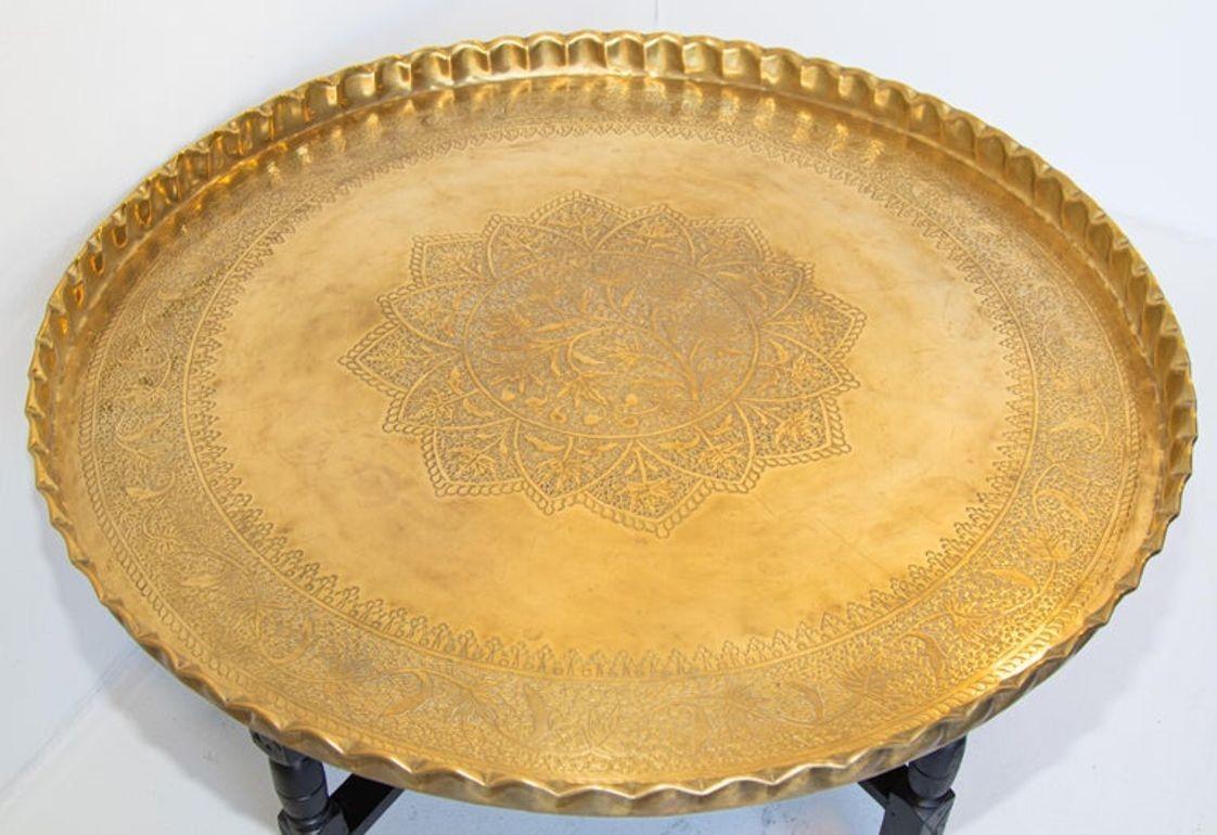 Moroccan Round Brass Tray Table on Folding Stand 9