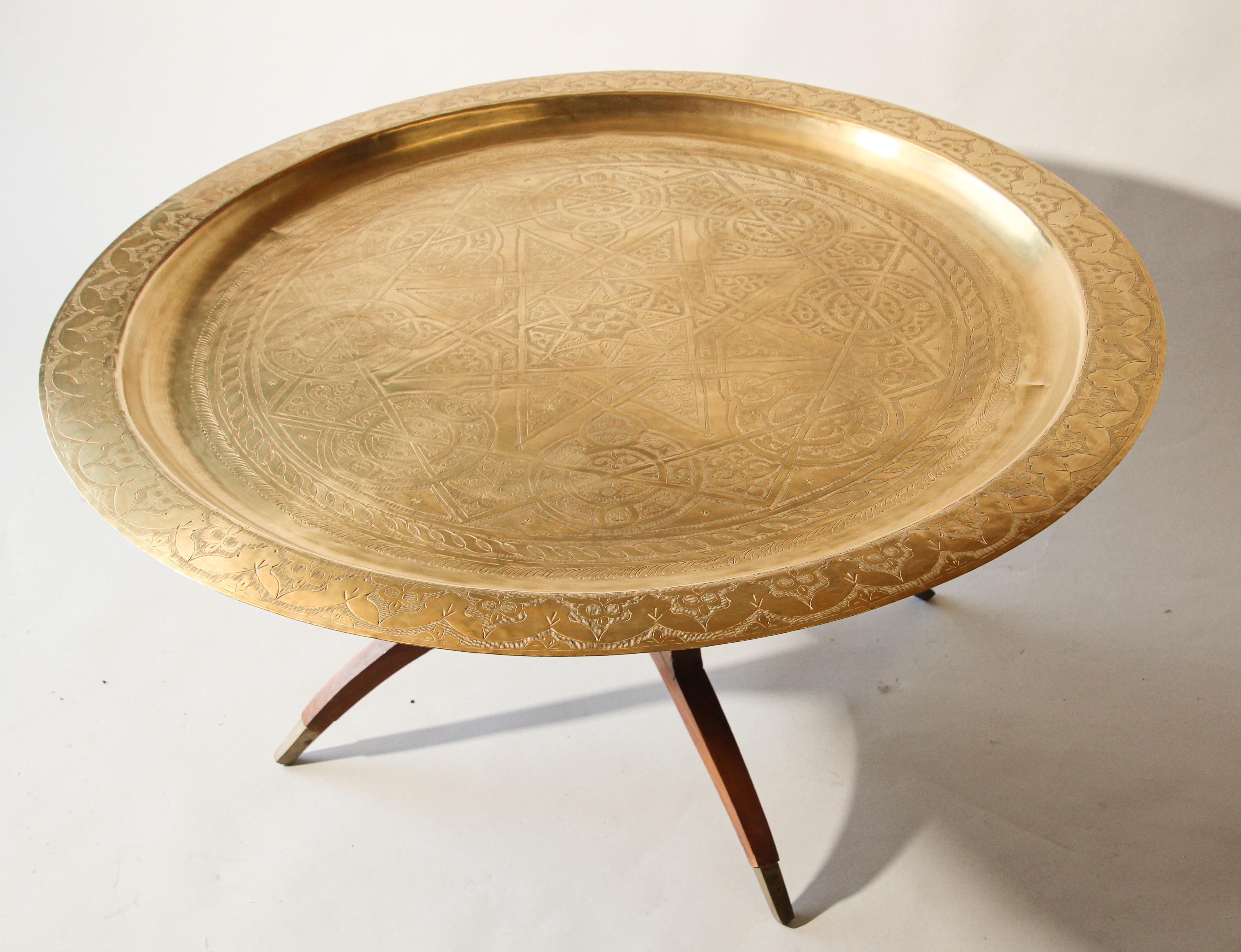 Moorish Moroccan Round Brass Tray Table on Folding Stand