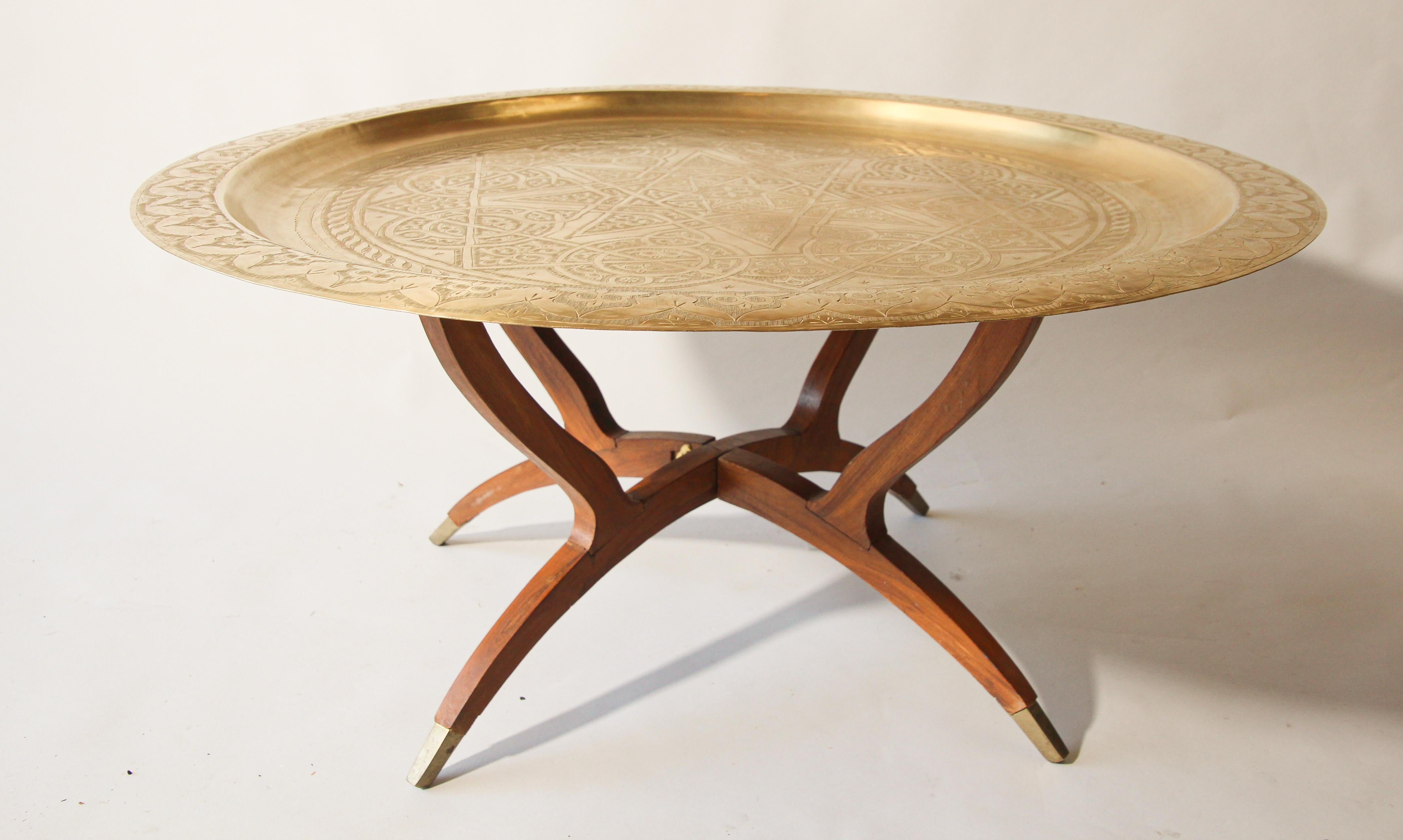 Hammered Moroccan Round Brass Tray Table on Folding Stand
