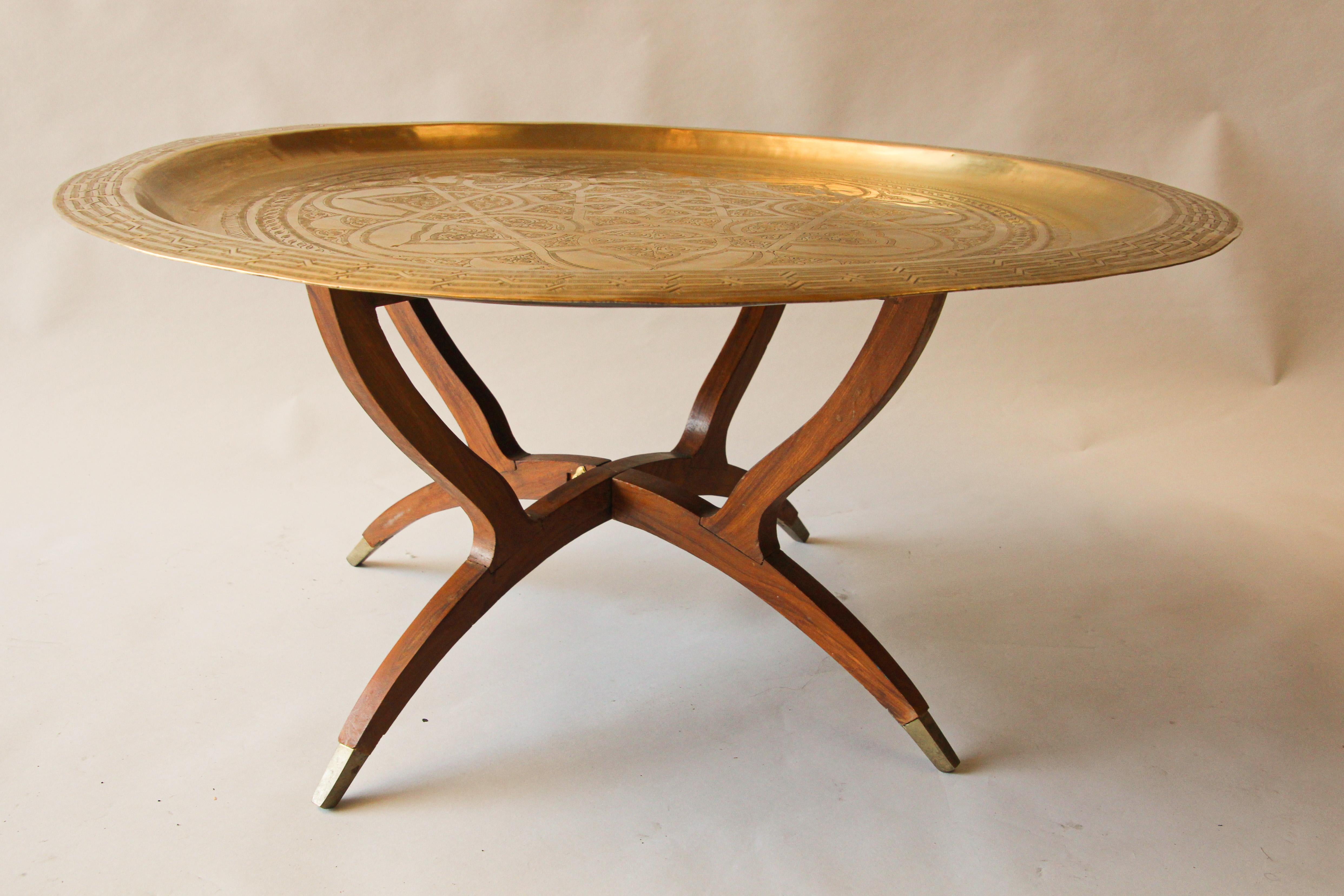 Moroccan Round Brass Tray Table on Folding Stand In Good Condition In North Hollywood, CA