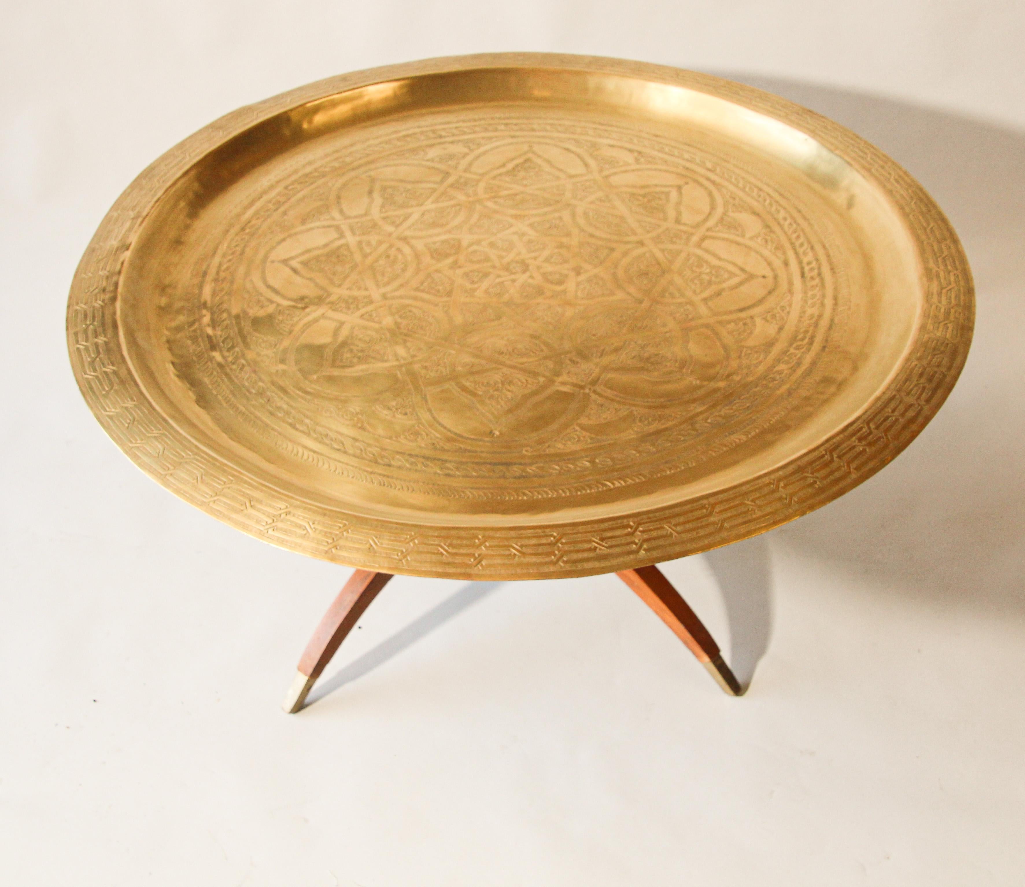 Mid-20th Century Moroccan Round Brass Tray Table on Folding Stand