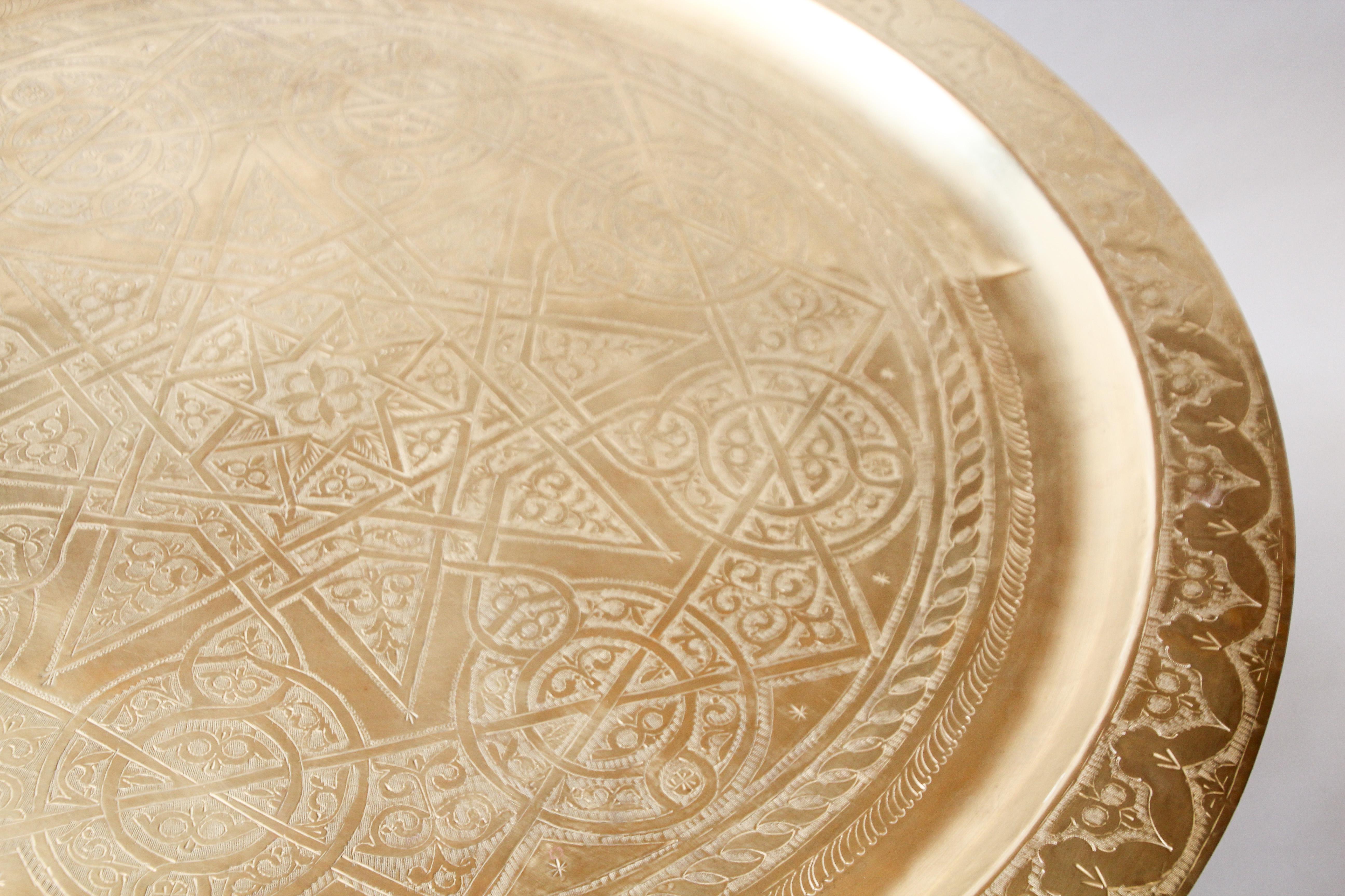 Mid-20th Century Moroccan Round Brass Tray Table on Folding Stand