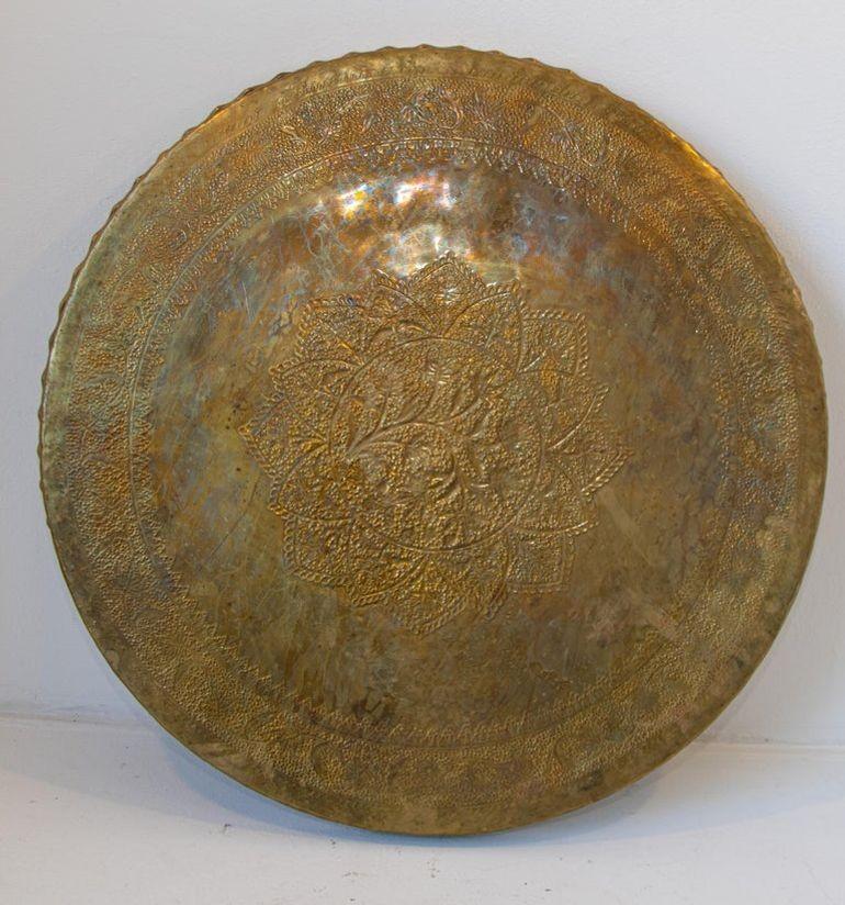 Mid-20th Century Moroccan Round Brass Tray Table on Folding Stand