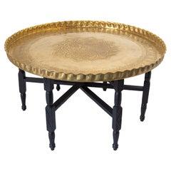 Retro Moroccan Round Brass Tray Table on Folding Stand