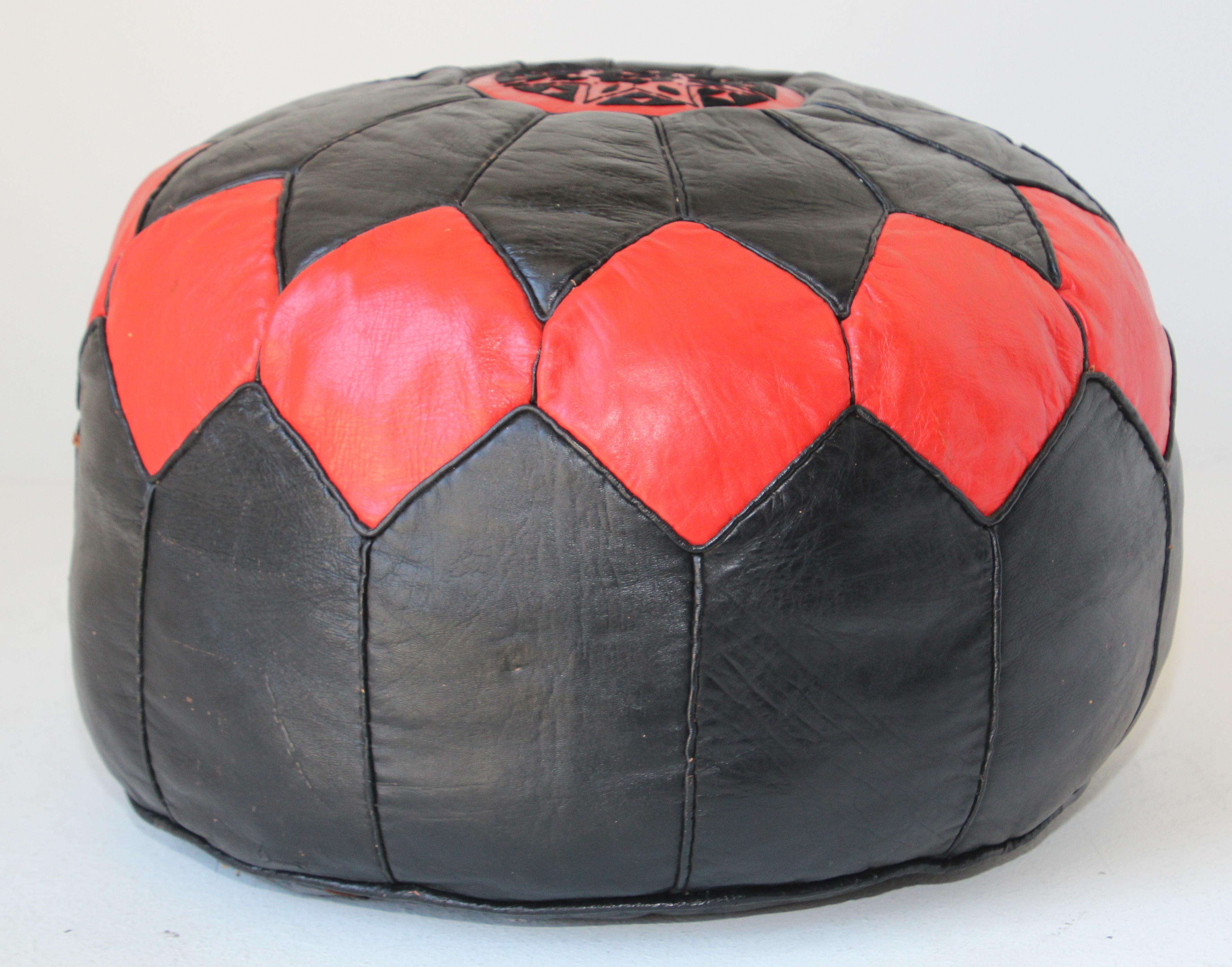 Moorish Vintage Moroccan Leather Pouf Hand-Tooled in Marrakesh Red and Black For Sale