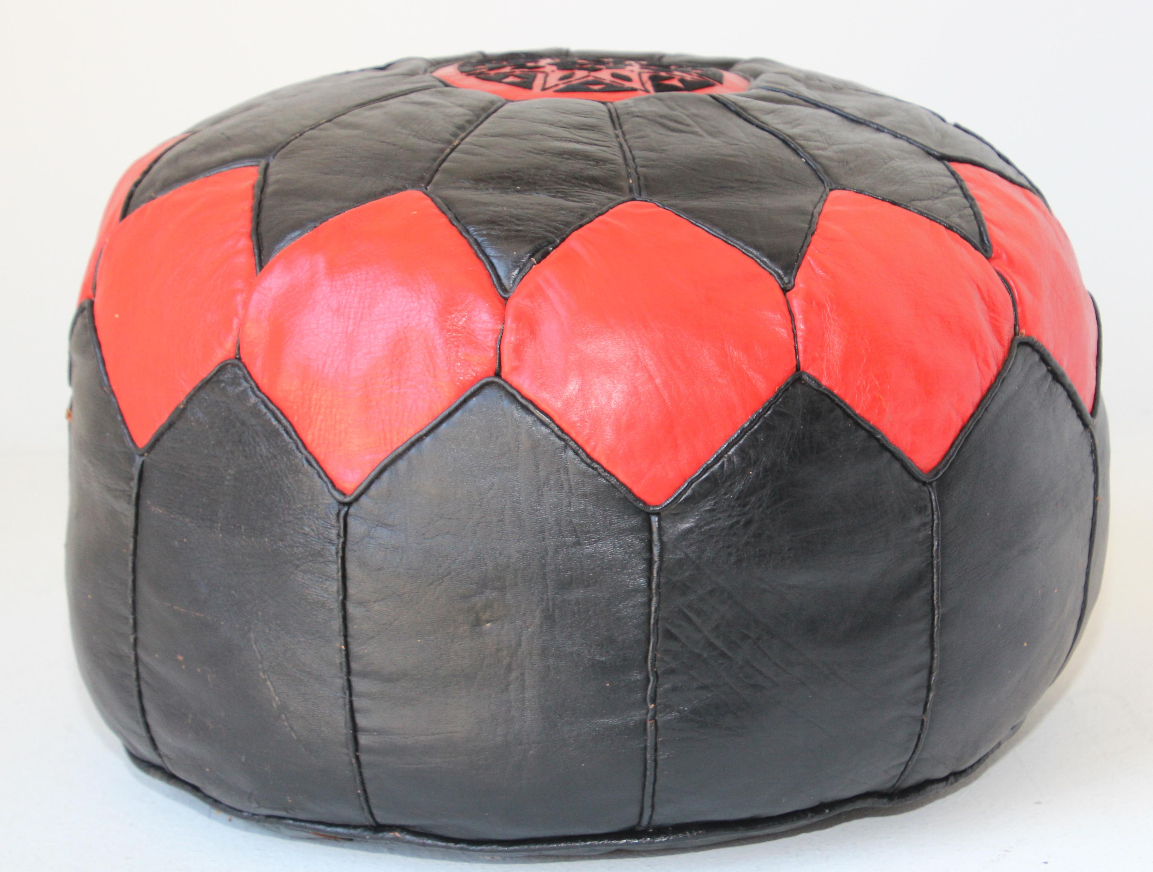 Hand-Crafted Vintage Moroccan Leather Pouf Hand-Tooled in Marrakesh Red and Black For Sale