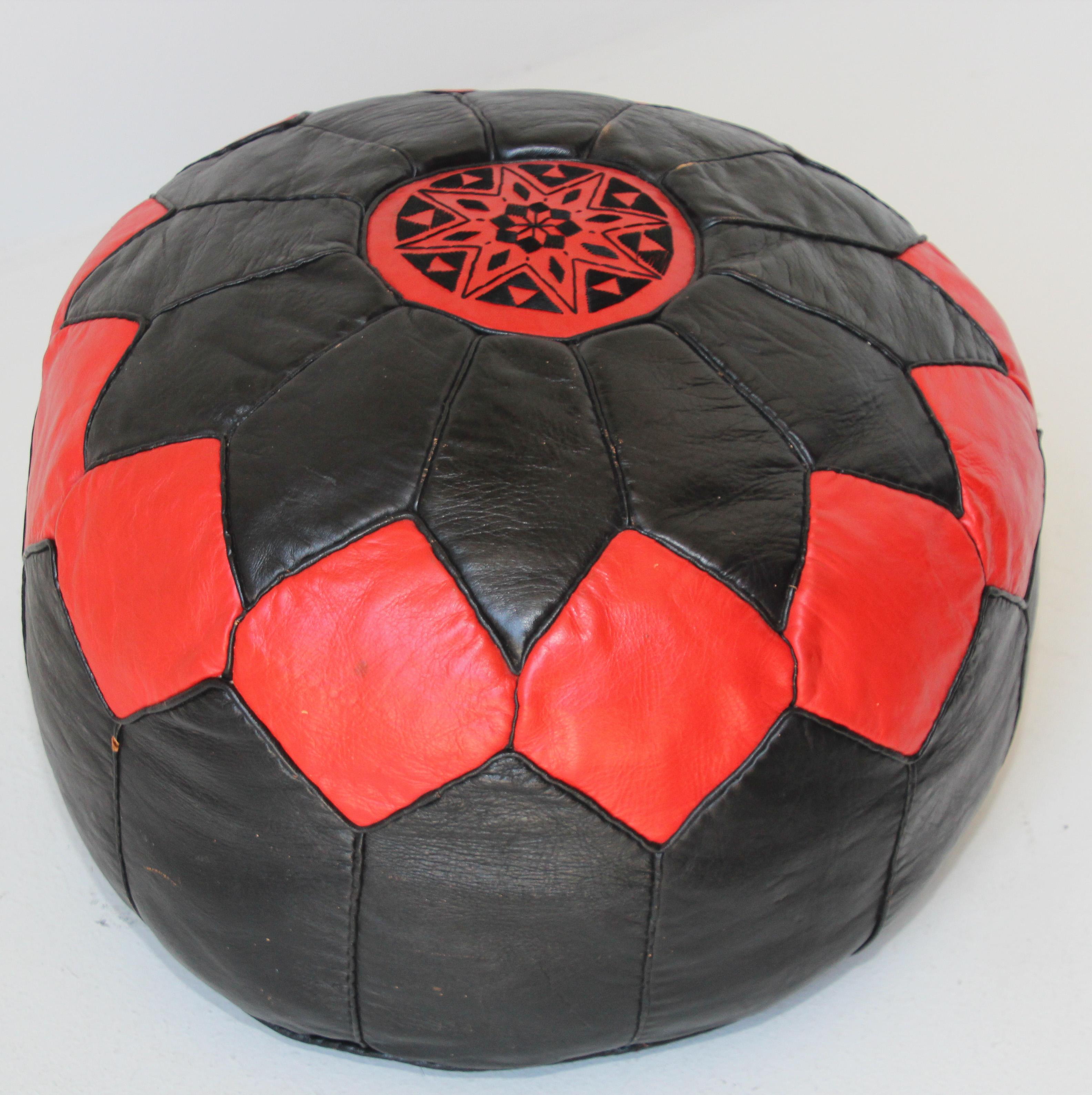20th Century Vintage Moroccan Leather Pouf Hand-Tooled in Marrakesh Red and Black For Sale