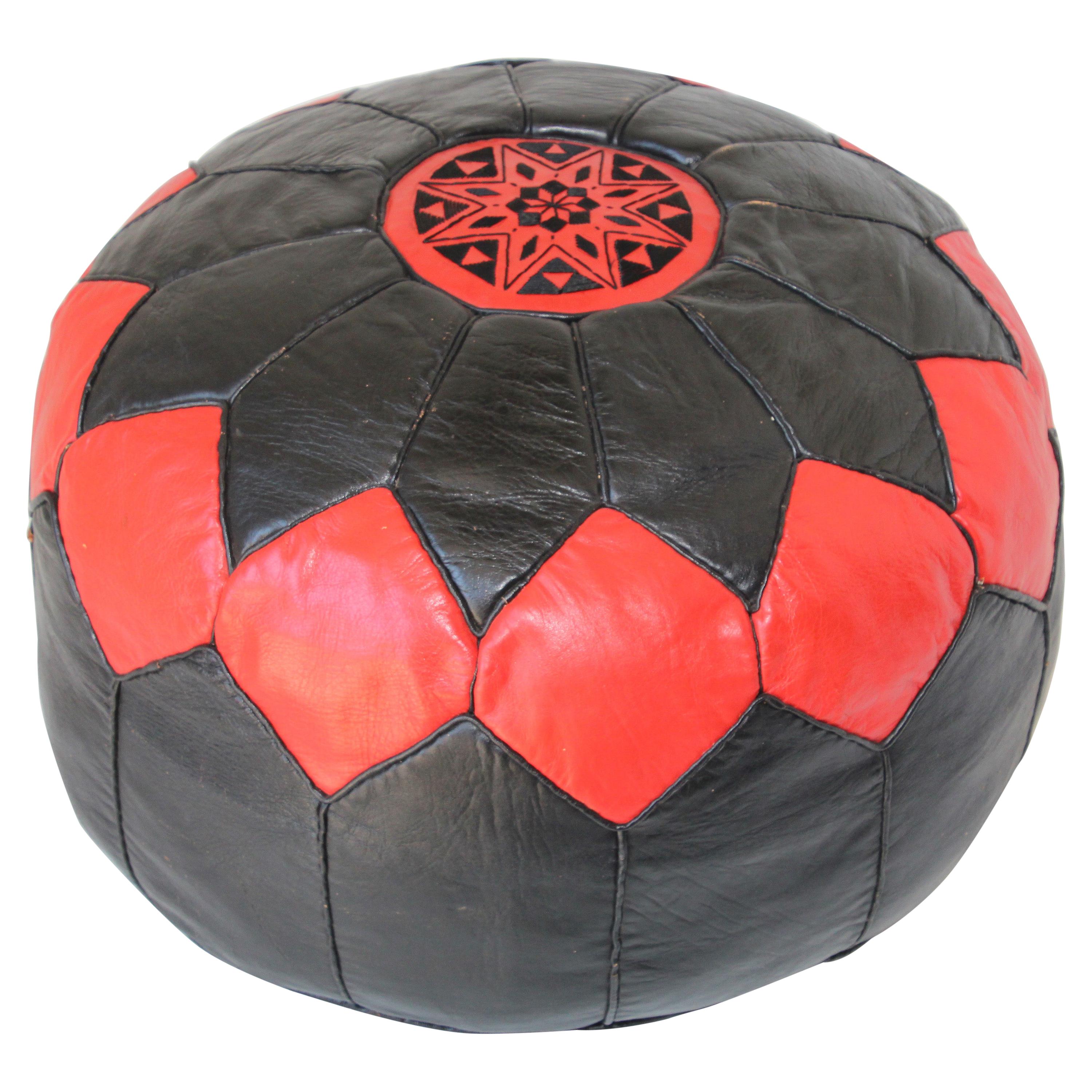 Vintage Moroccan Leather Pouf Hand-Tooled in Marrakesh Red and Black For Sale