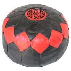 Used Moroccan Leather Pouf Hand-Tooled in Marrakesh Red and Black