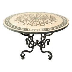 Vintage Moroccan Round Mosaic Outdoor Tile Table in Fez Moorish Design