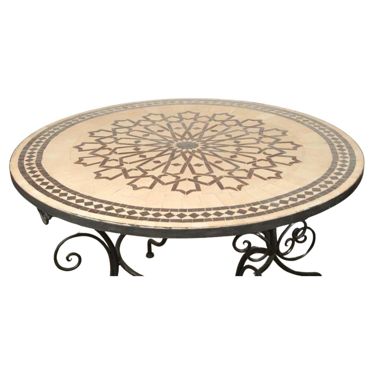 Moroccan Round Mosaic Outdoor Tile Table on Iron Base 47 in For Sale