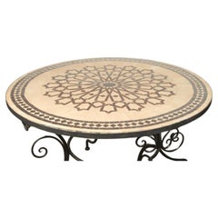 Used Moroccan Round Mosaic Outdoor Tile Table on Iron Base 47 in