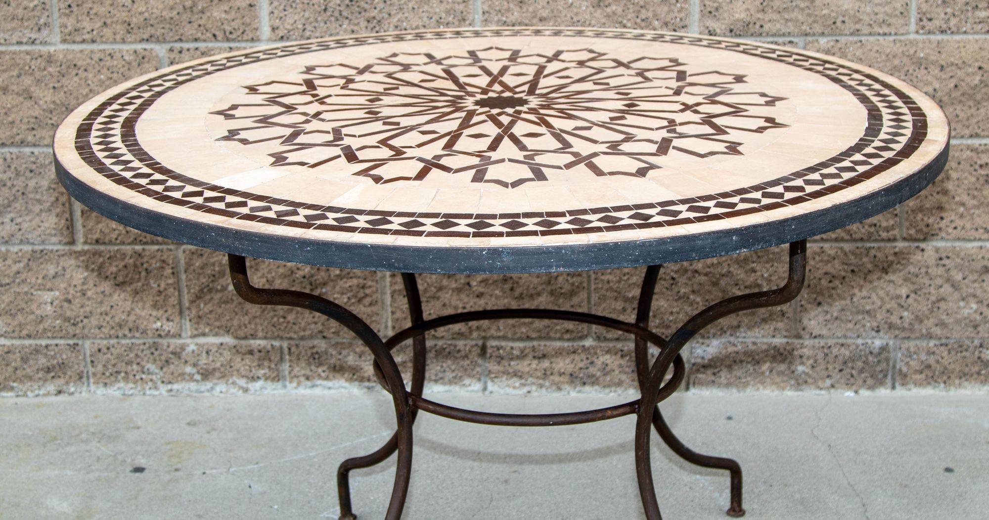 Hand-Carved Moroccan Round Mosaic Outdoor Tile Table with Iron Base