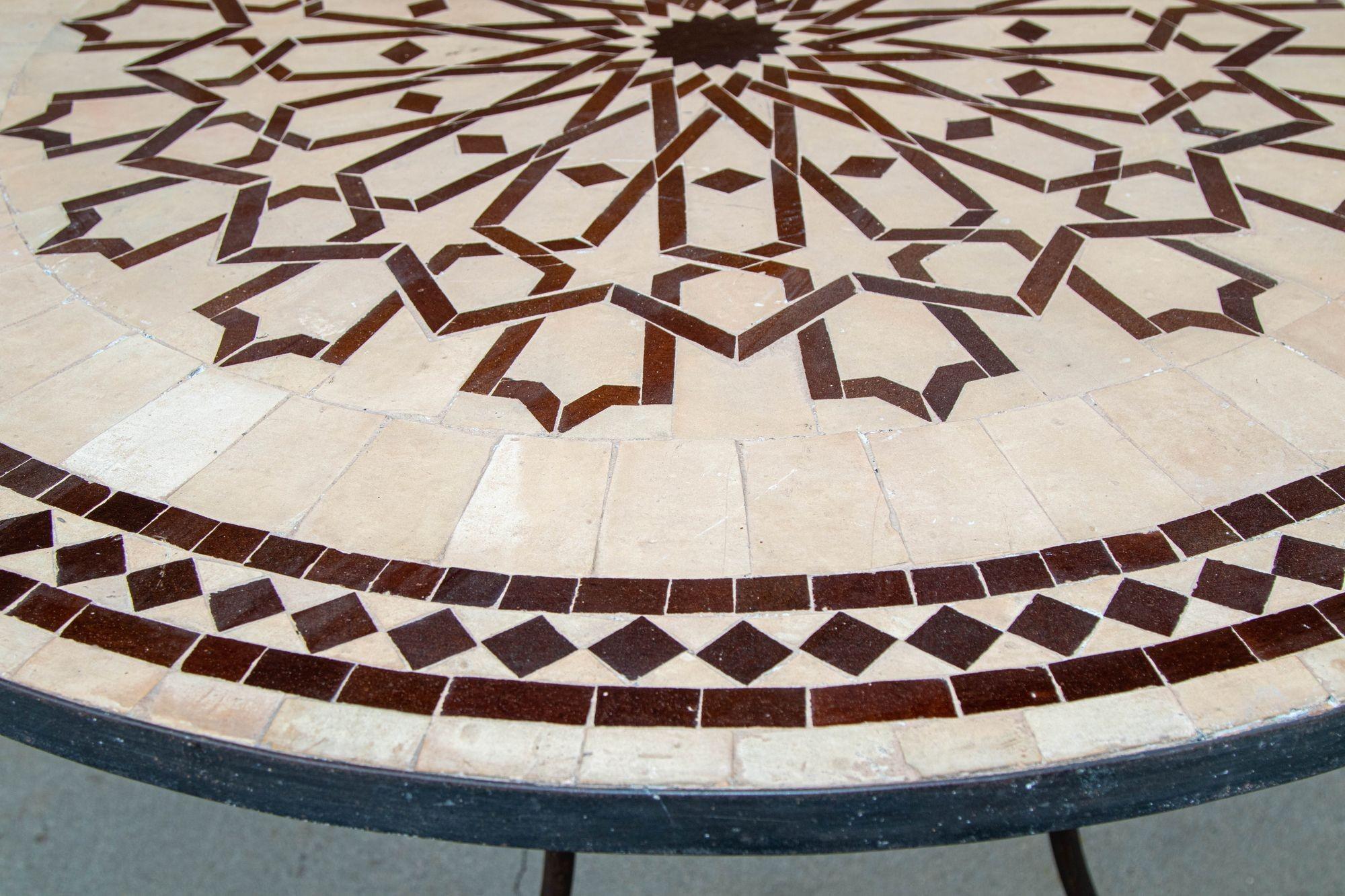 20th Century Moroccan Round Mosaic Outdoor Tile Table with Iron Base