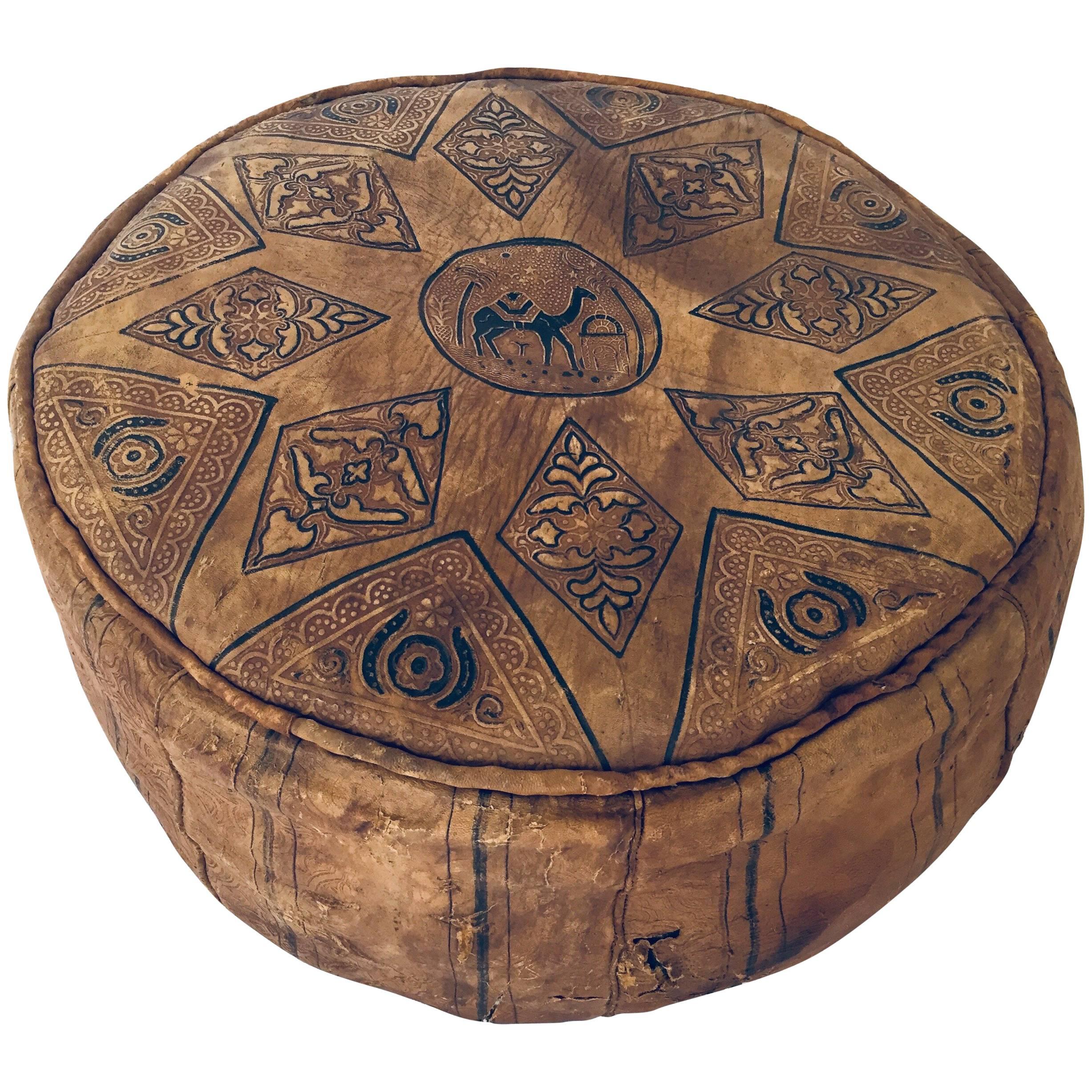 Moroccan Round Pouf Hand-Tooled and Embossed in Fez Morocco