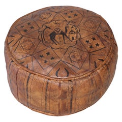 Vintage Moroccan Round Pouf Hand-Tooled and Embossed in Fez Morocco