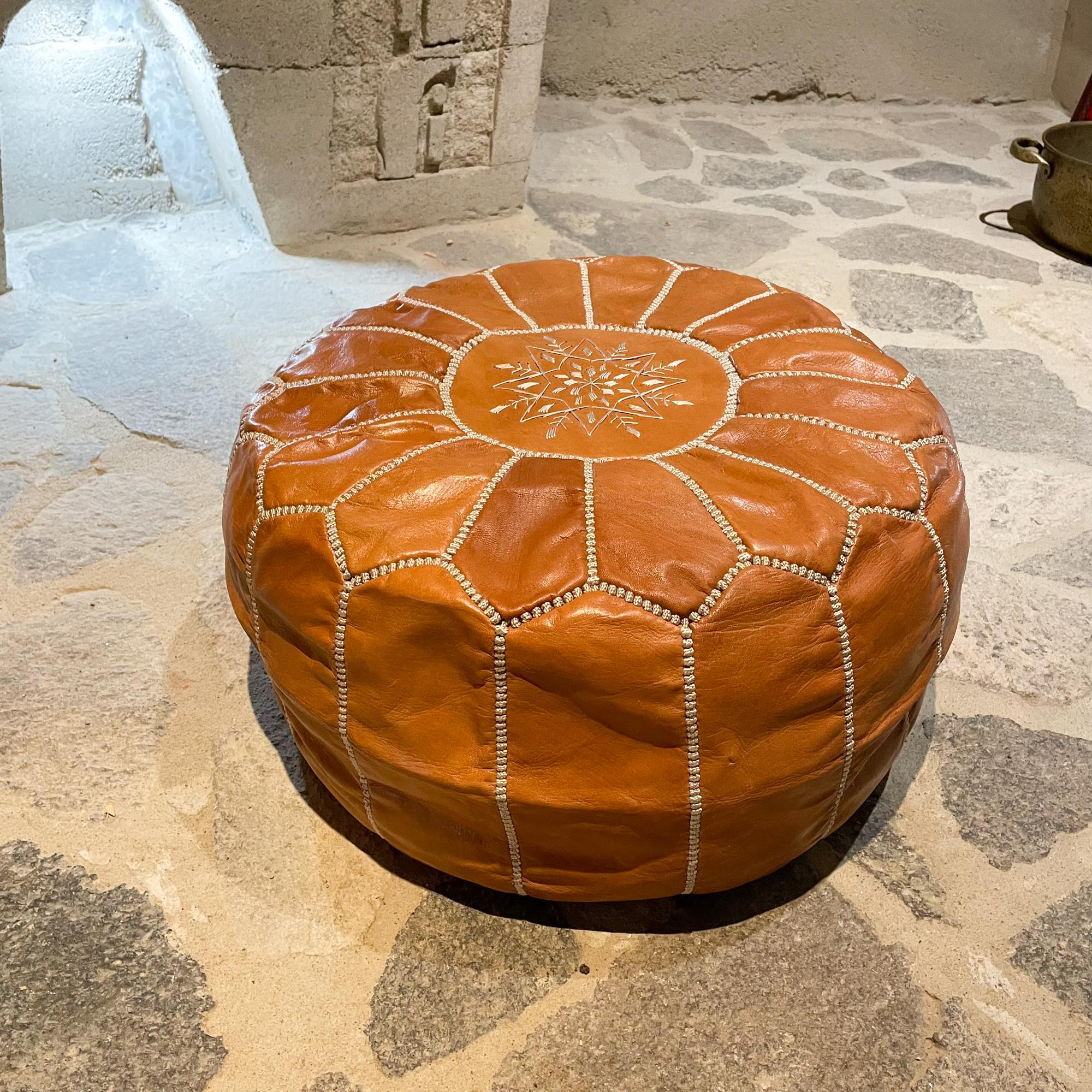 Bohemian Moroccan Round Pouf Ottoman in Rich Saddle Leather with Radiant Embroidery 1970s