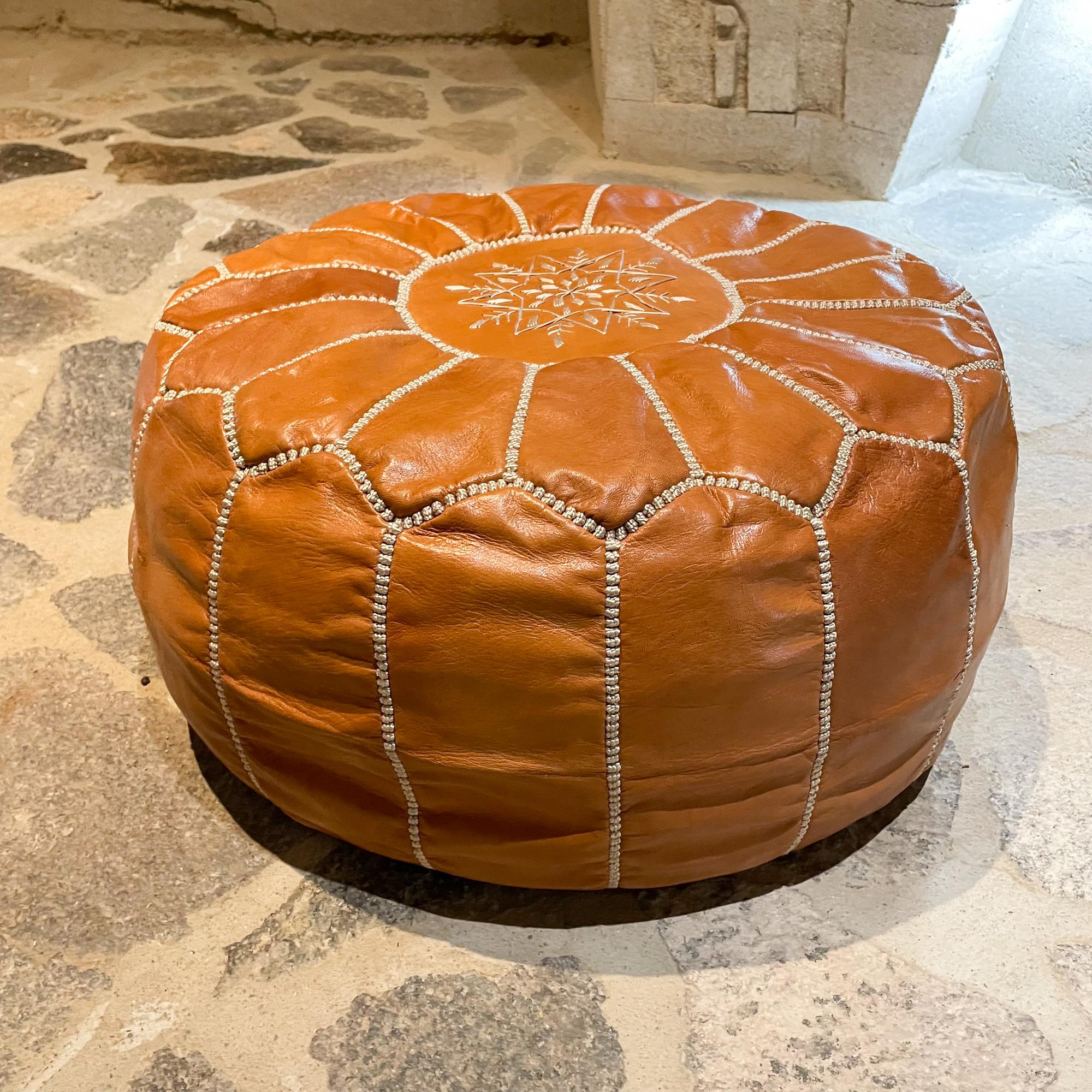 Moroccan Round Pouf Ottoman in Rich Saddle Leather with Radiant Embroidery 1970s In Good Condition In Chula Vista, CA