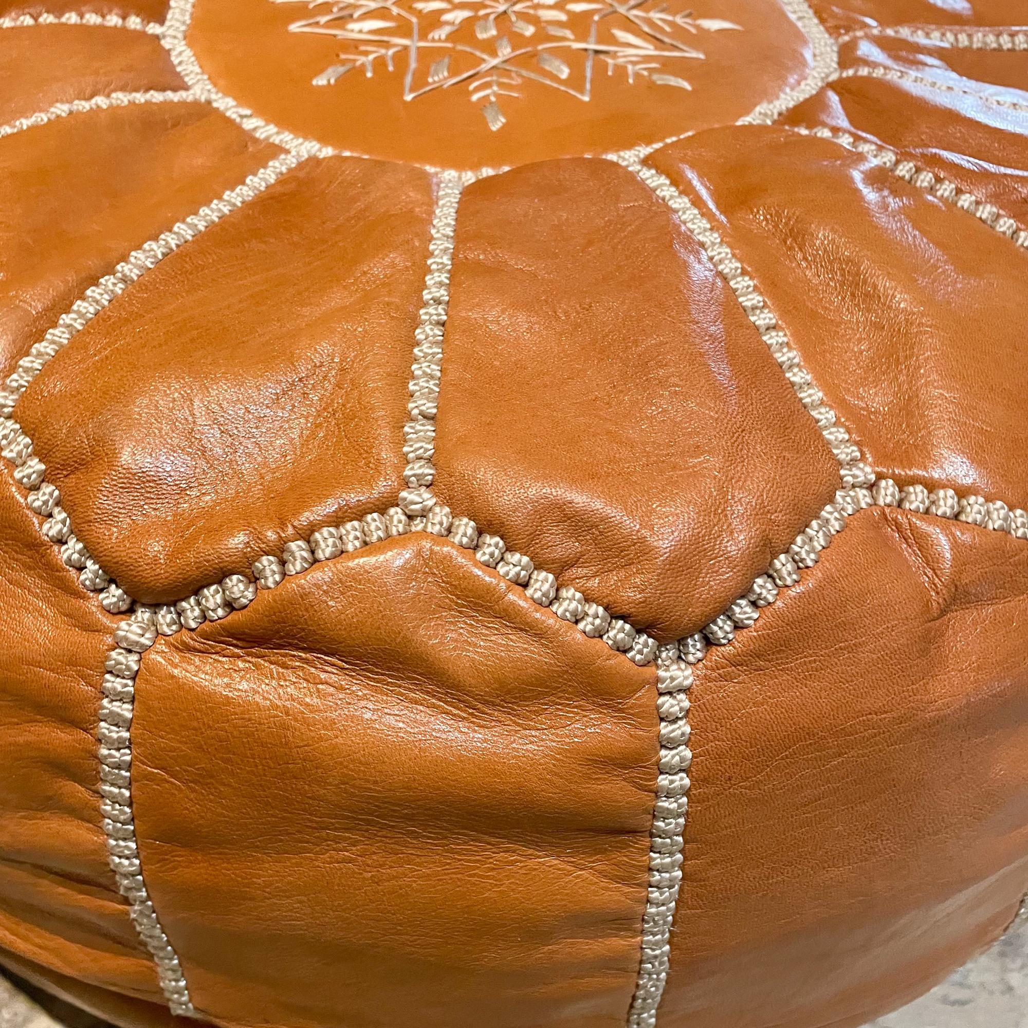 Late 20th Century Moroccan Round Pouf Ottoman in Rich Saddle Leather with Radiant Embroidery 1970s