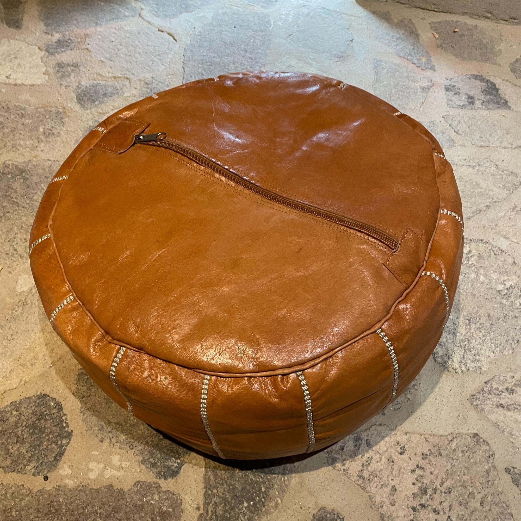 Moroccan Round Pouf Ottoman in Rich Saddle Leather with Radiant Embroidery 1970s 2