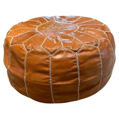 Moroccan Round Pouf Ottoman in Rich Saddle Leather with Radiant Embroidery 1970s