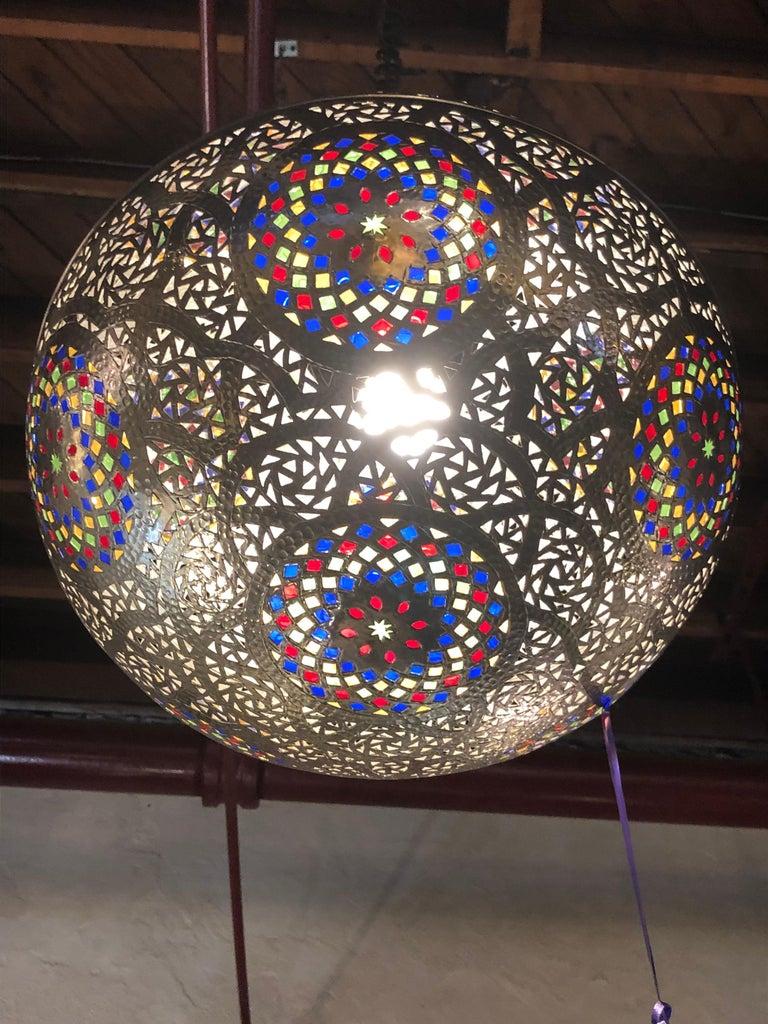 Moorish Moroccan Round Silver Pendant or Chandelier Handmade with Multi-Color Glass