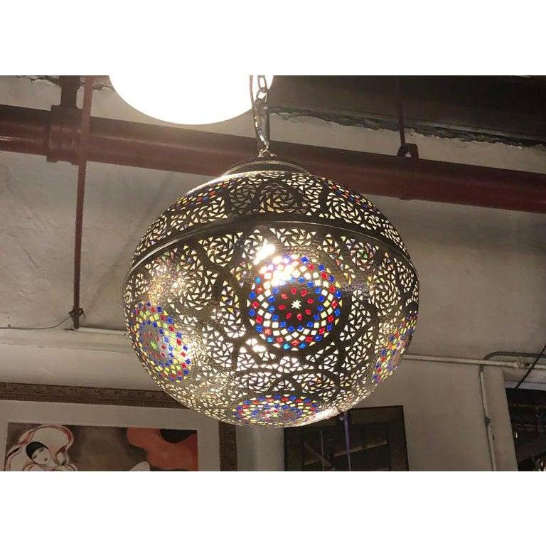 Moroccan Round Silver Pendant or Chandelier Handmade with Multi-Color Glass 1