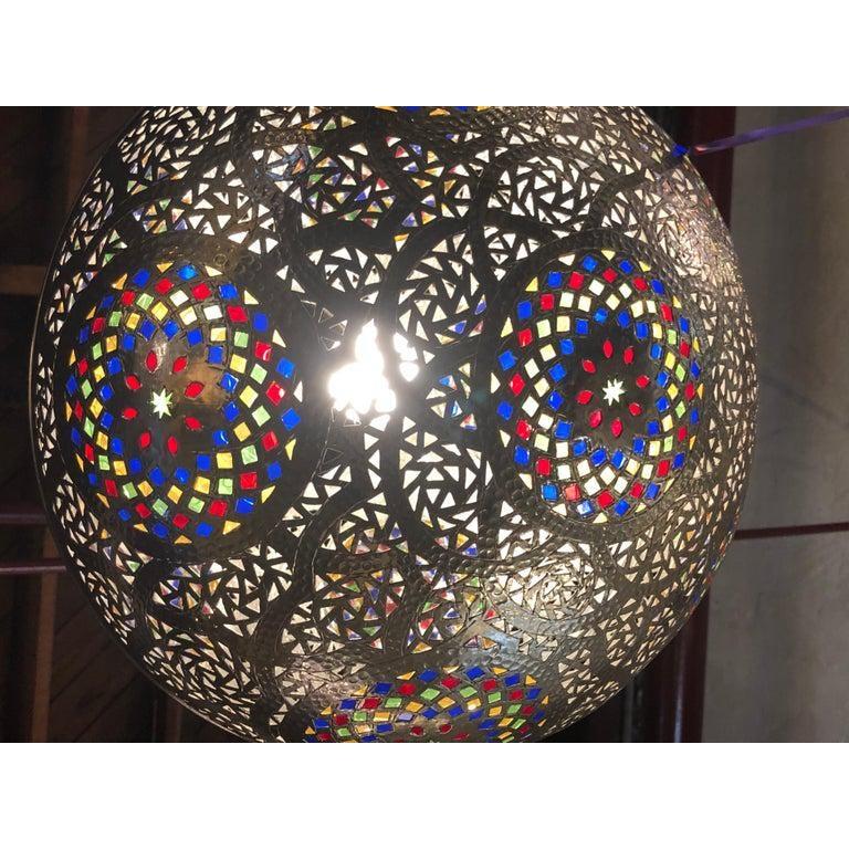 Moroccan Round Silver Pendant or Chandelier Handmade with Multi-Color Glass 2