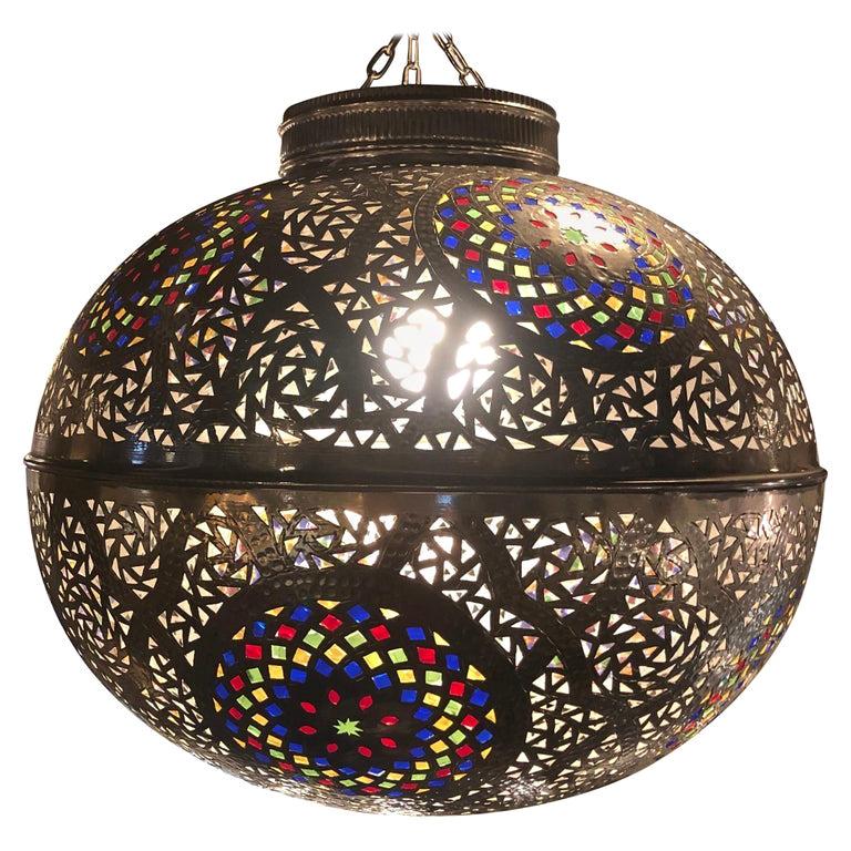 Moroccan Round Silver Pendant or Chandelier Handmade with Multi-Color Glass