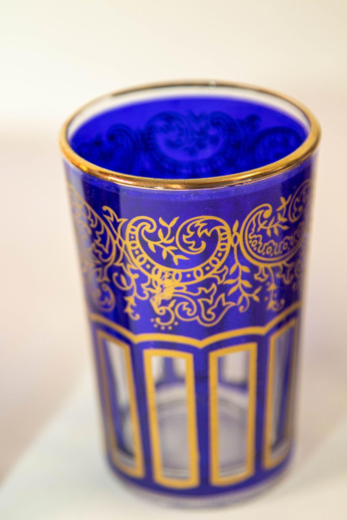Moroccan Royal Blue Glasses with Gold Moorish Arabesque Design Set of 6 Barware For Sale 1
