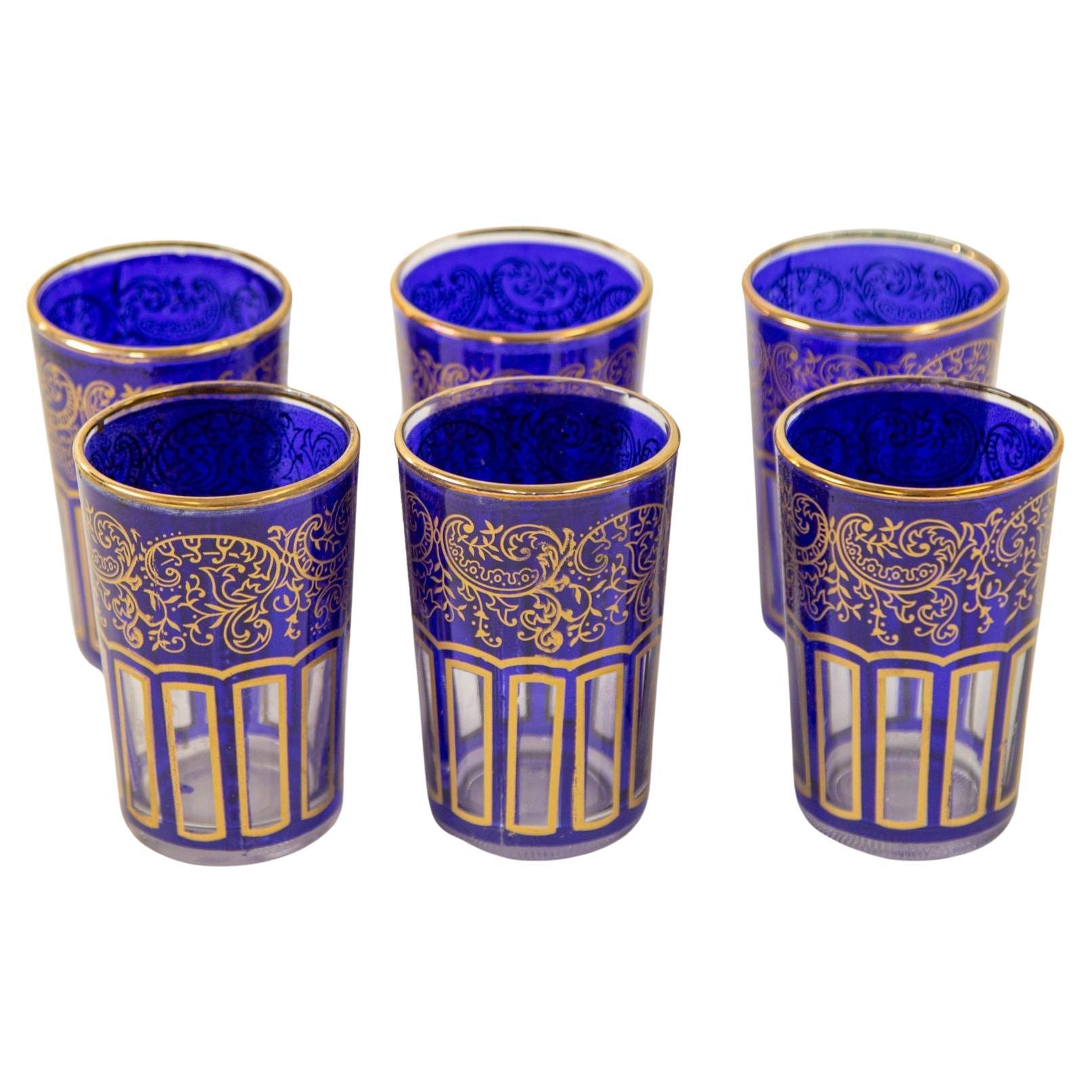 Moroccan Royal Blue Glasses with Gold Moorish Arabesque Design Set of 6 Barware For Sale