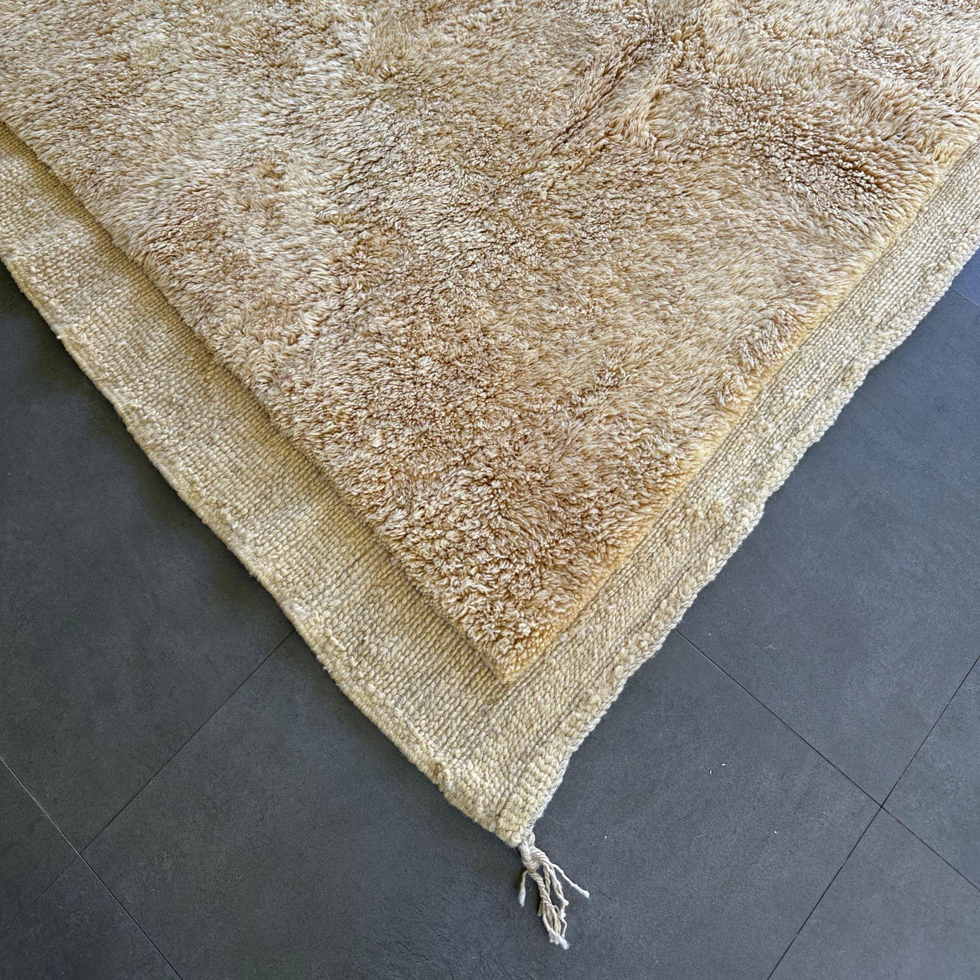 Presentamos la Elegancia Etérea, una lujosa alfombra marroquí. Esta inmaculada alfombra color crema presenta un centro de pelo largo afelpado, que crea una textura acogedora, complementada con elegantes bordes planos. Tejida a mano por hábiles