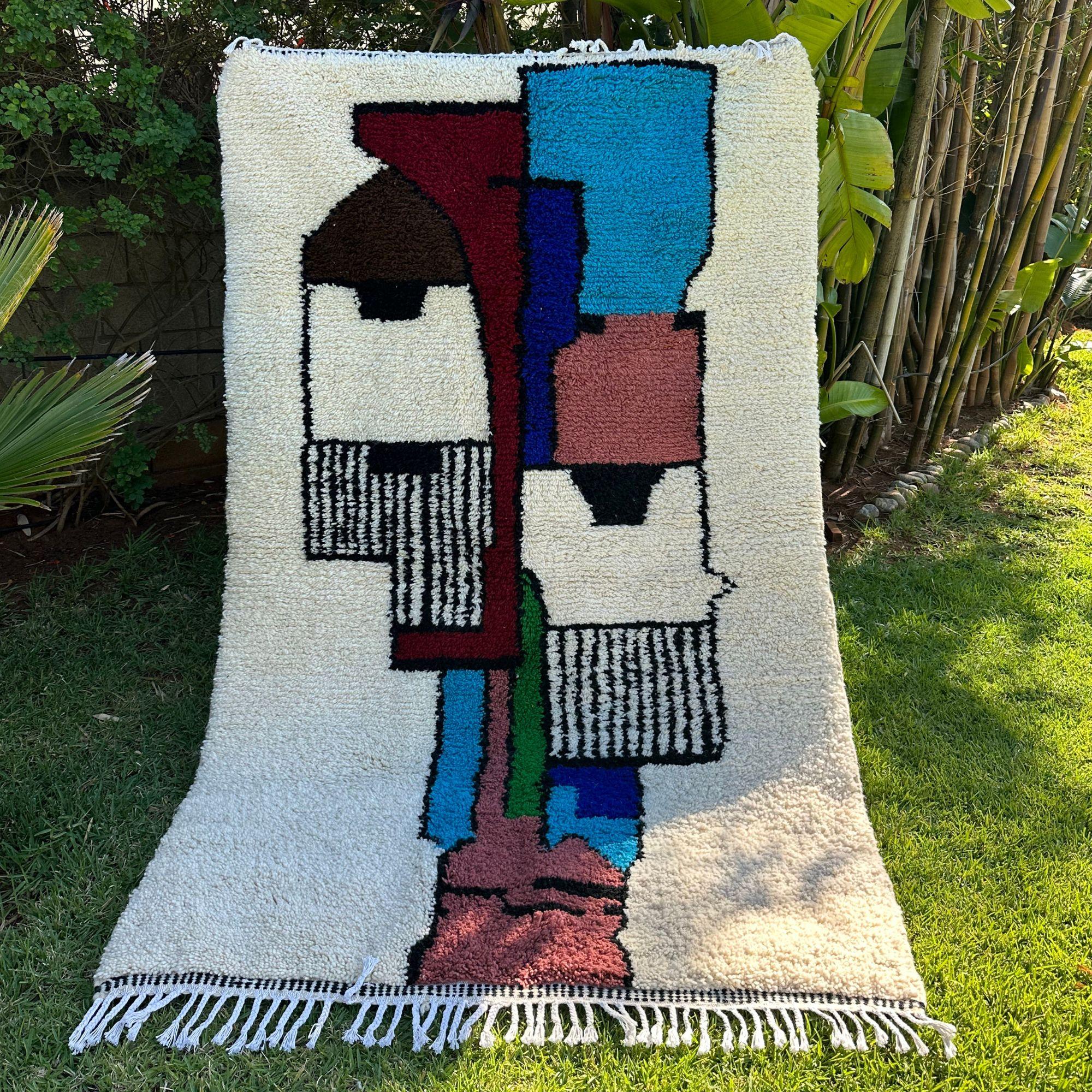 Wool Moroccan Rug 5x8 FT Artisan Signature, Berber Rug for Kids Room, In Stock For Sale