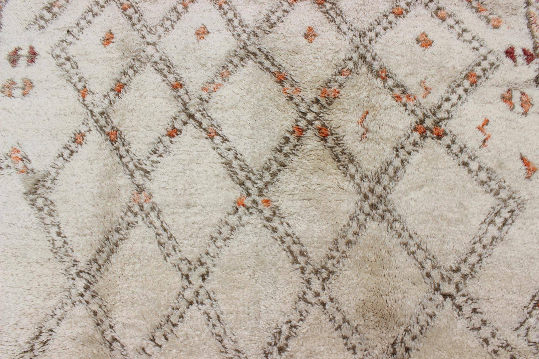 Moroccan Rug with Diamonds and Tribal Shapes in White, Brown, Red and Orange For Sale 4