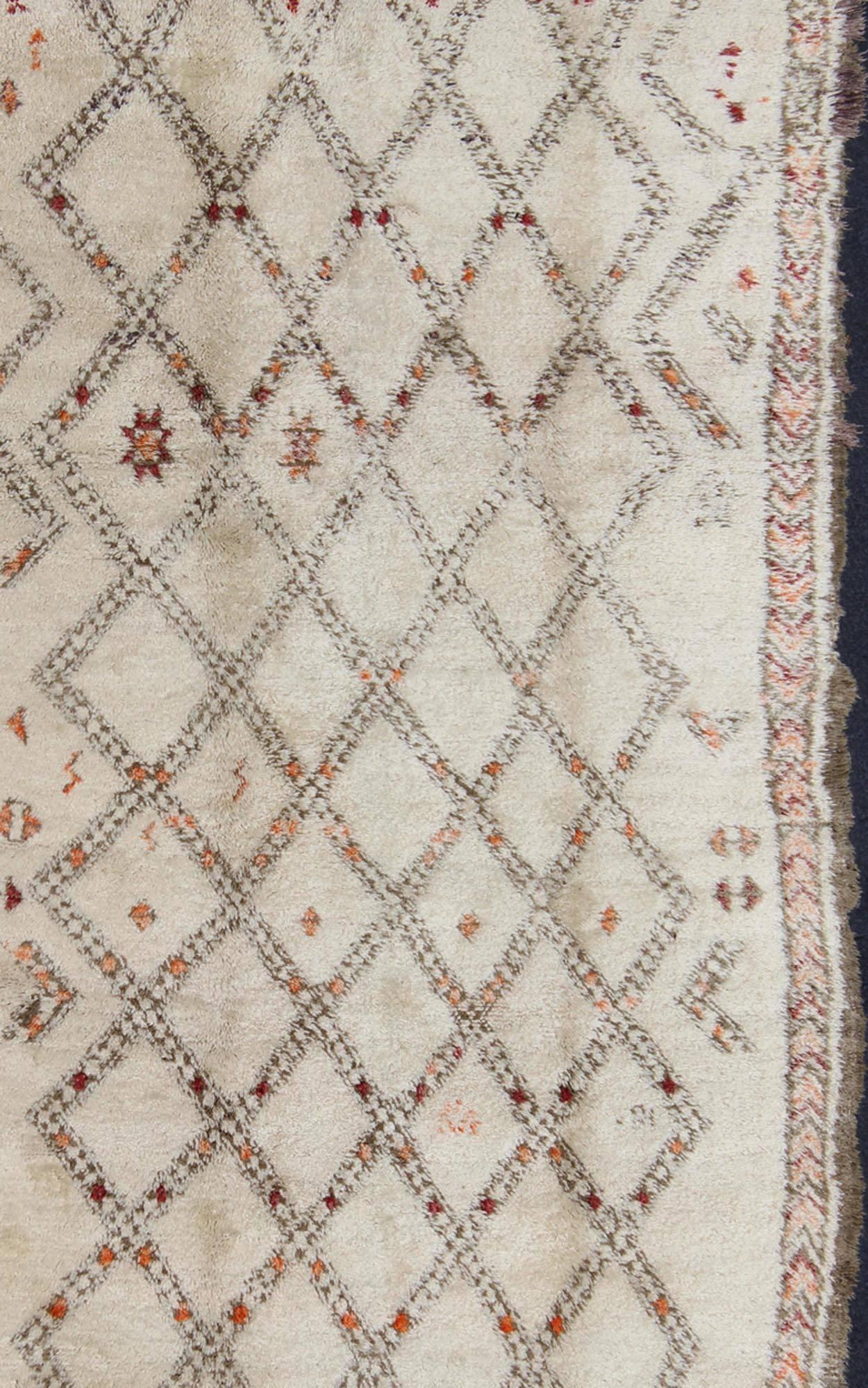 Hand-Knotted Moroccan Rug with Diamonds and Tribal Shapes in White, Brown, Red and Orange For Sale