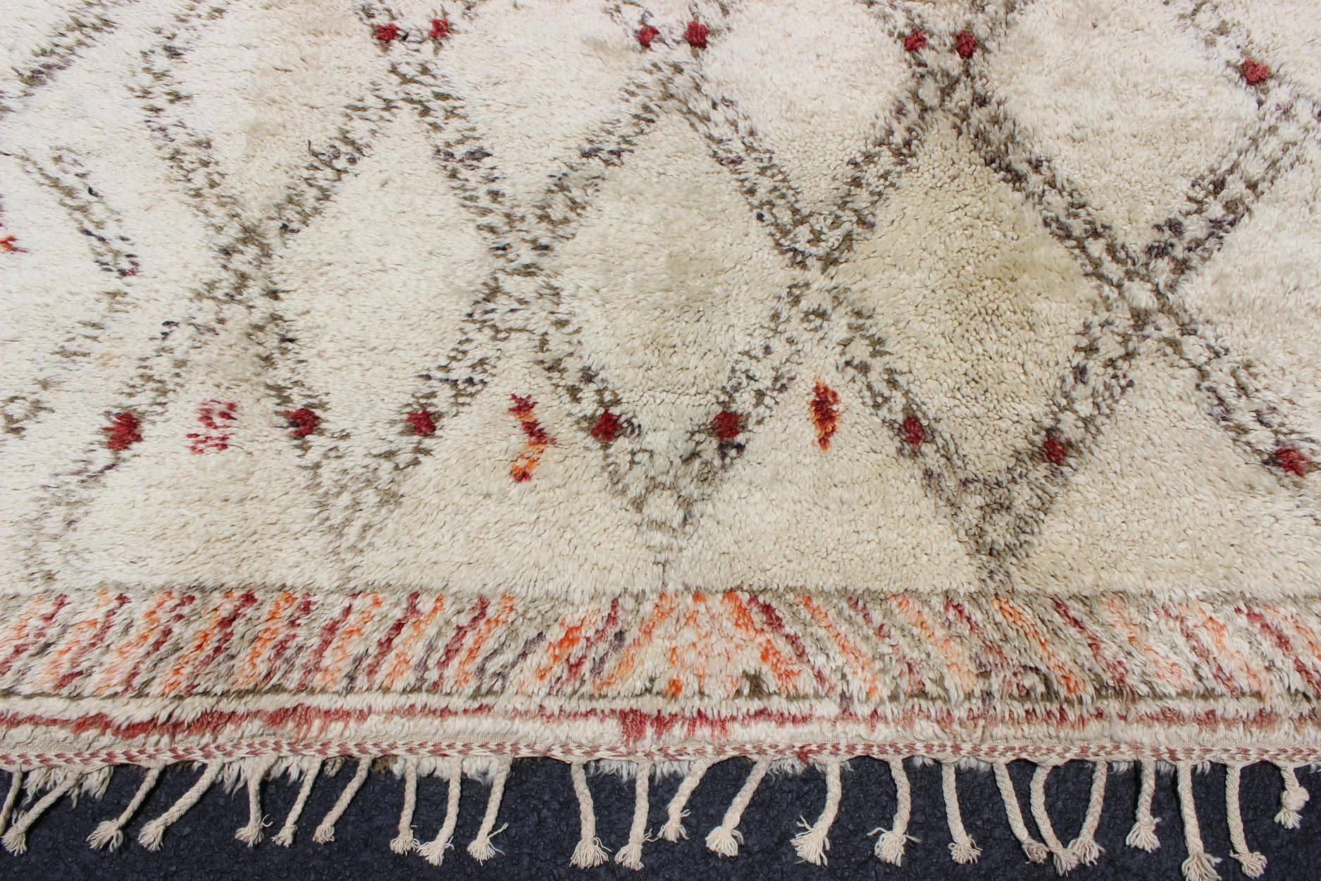 Wool Moroccan Rug with Diamonds and Tribal Shapes in White, Brown, Red and Orange For Sale