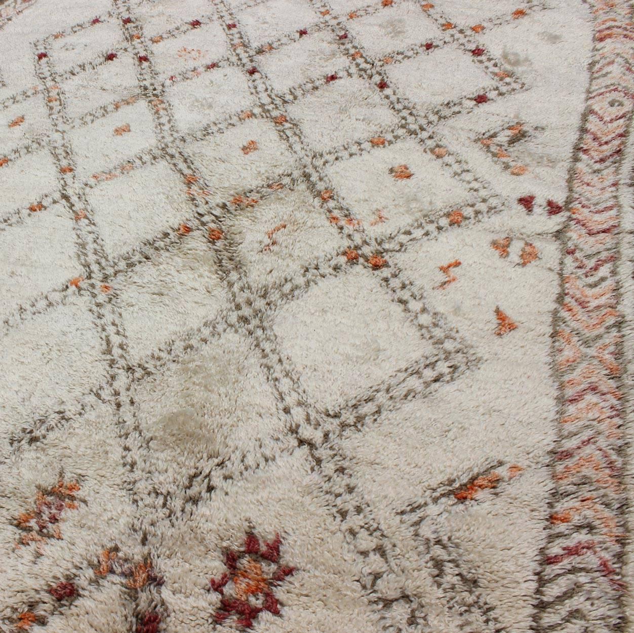 Moroccan Rug with Diamonds and Tribal Shapes in White, Brown, Red and Orange For Sale 1