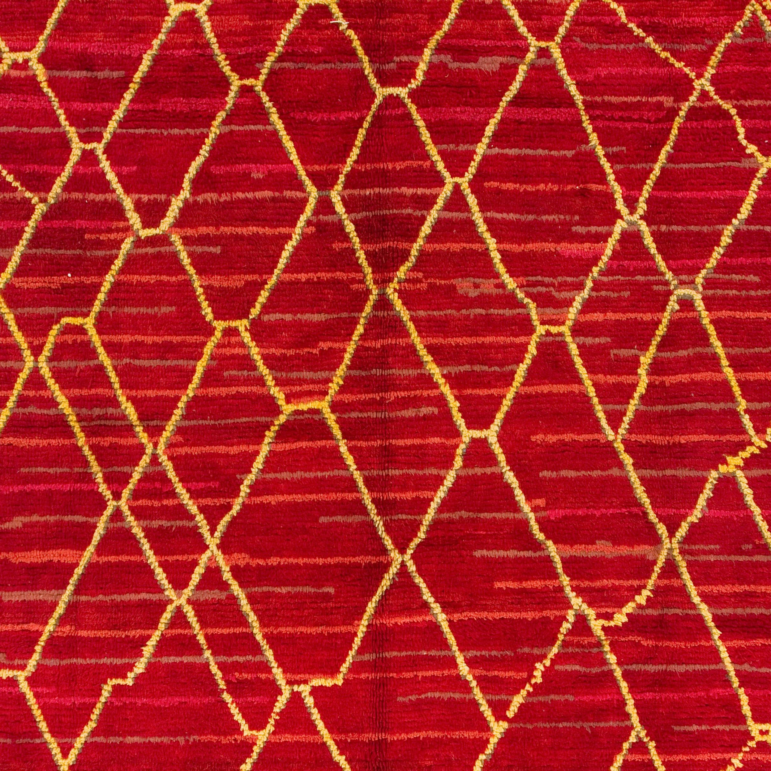 Modern Moroccan Rug with Yellow Atlas Pattern, Red Beni Ourain Tulu Carpet, 100% Wool For Sale