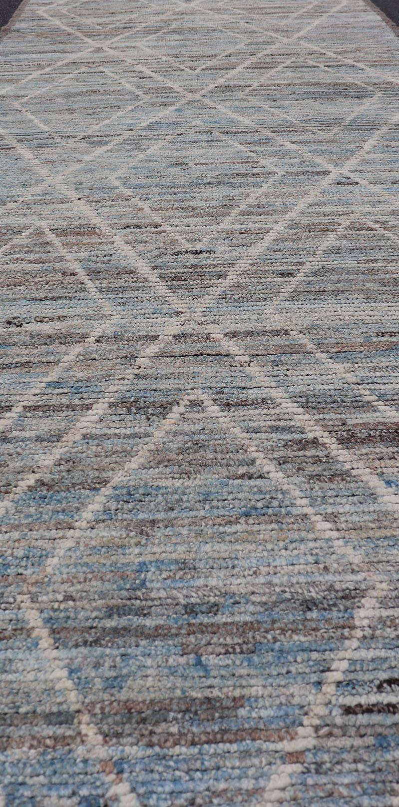 Moroccan Runner in Cream and Sky Blue by Keivan Woven Arts For Sale 2