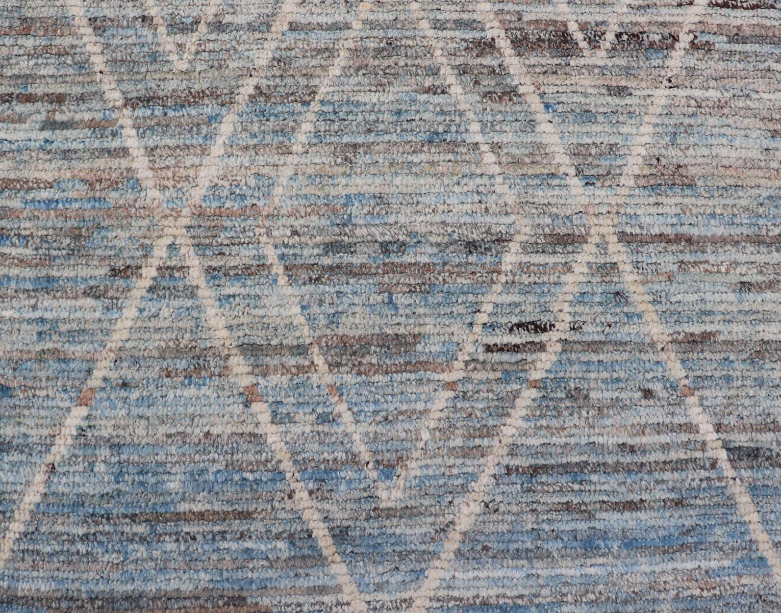 Tribal Moroccan Runner in Cream and Sky Blue by Keivan Woven Arts For Sale