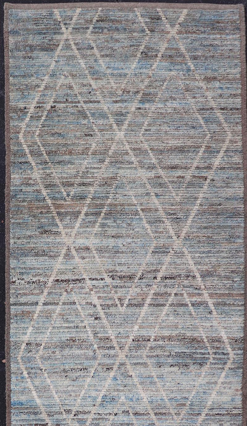 Afghan Moroccan Runner in Cream and Sky Blue by Keivan Woven Arts For Sale