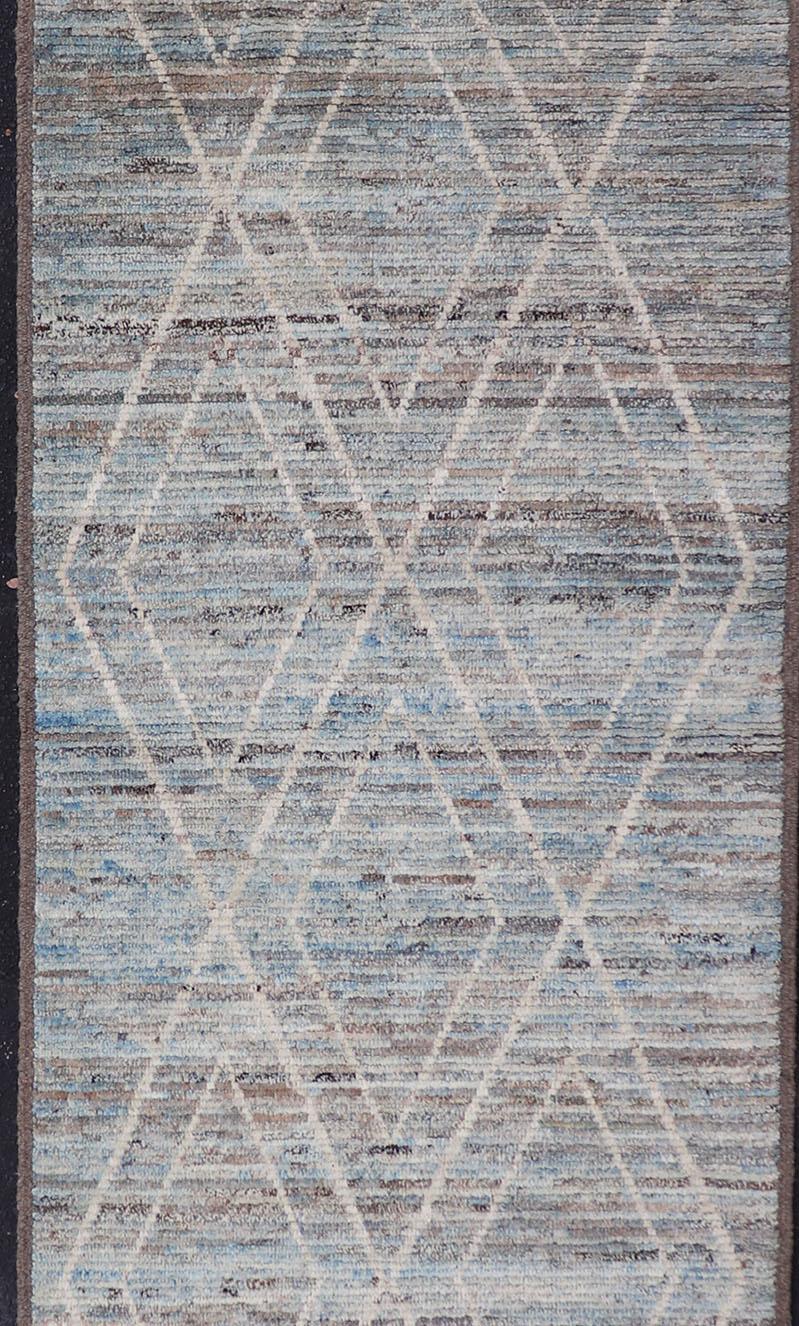 Hand-Knotted Moroccan Runner in Cream and Sky Blue by Keivan Woven Arts For Sale