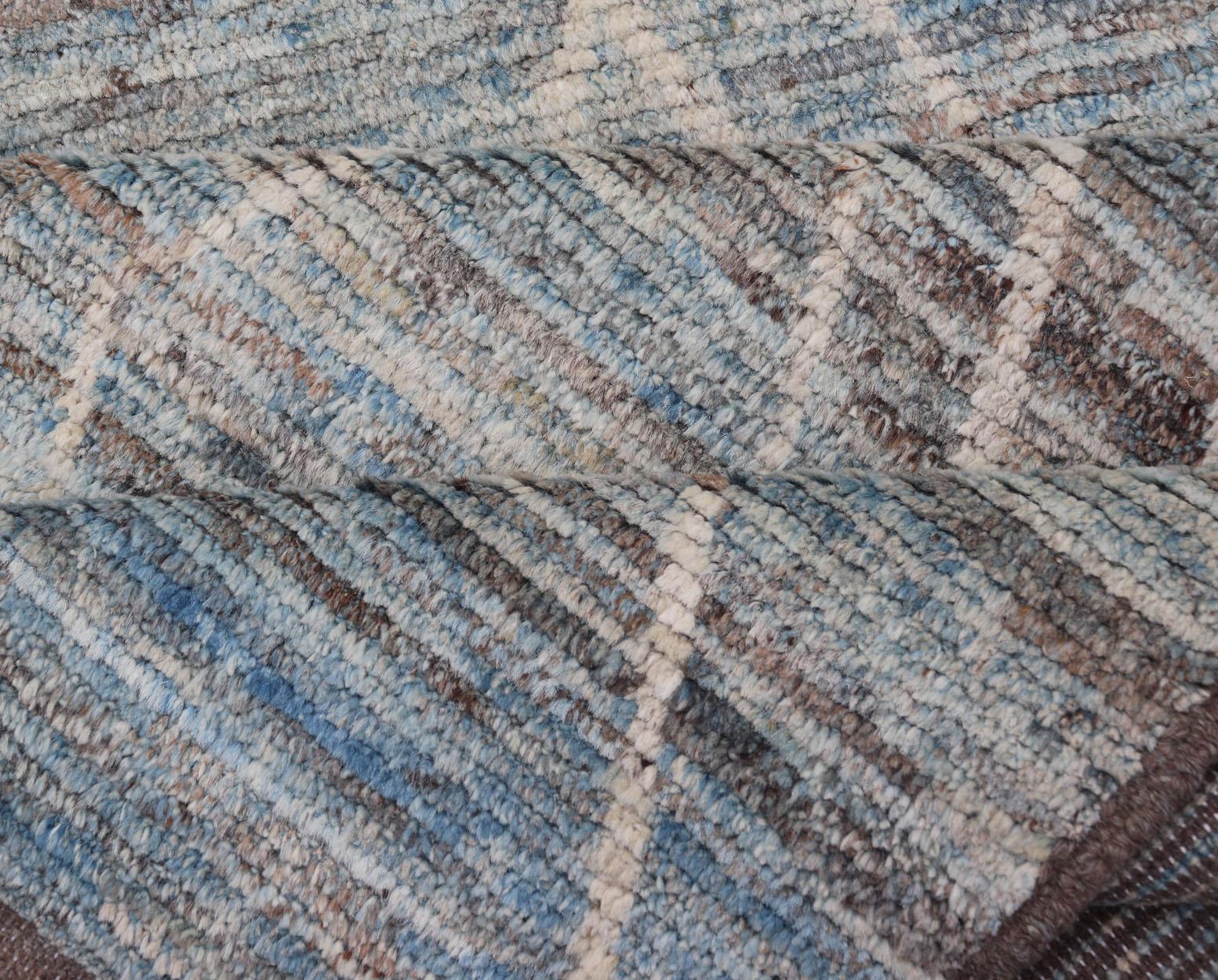Wool Moroccan Runner in Cream and Sky Blue by Keivan Woven Arts For Sale