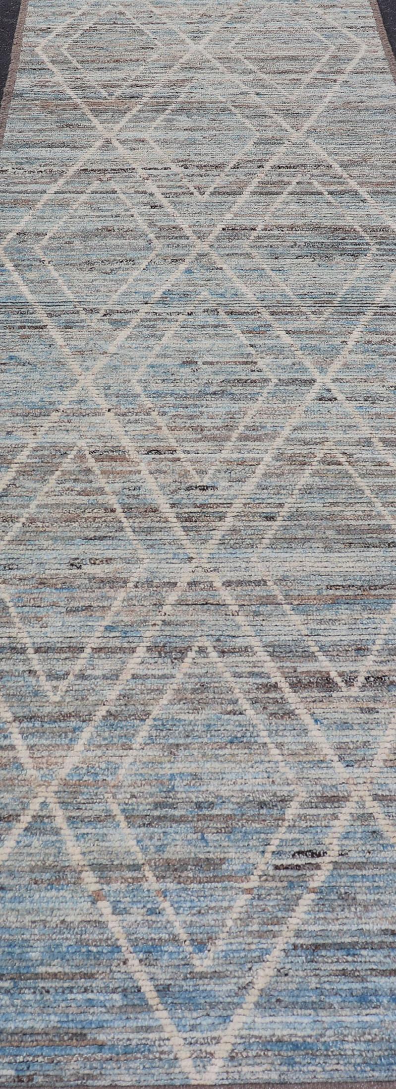 Moroccan Runner in Cream and Sky Blue by Keivan Woven Arts For Sale 1
