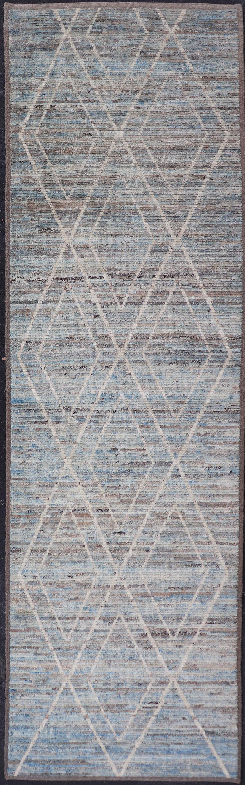 Moroccan Runner in Cream and Sky Blue by Keivan Woven Arts For Sale